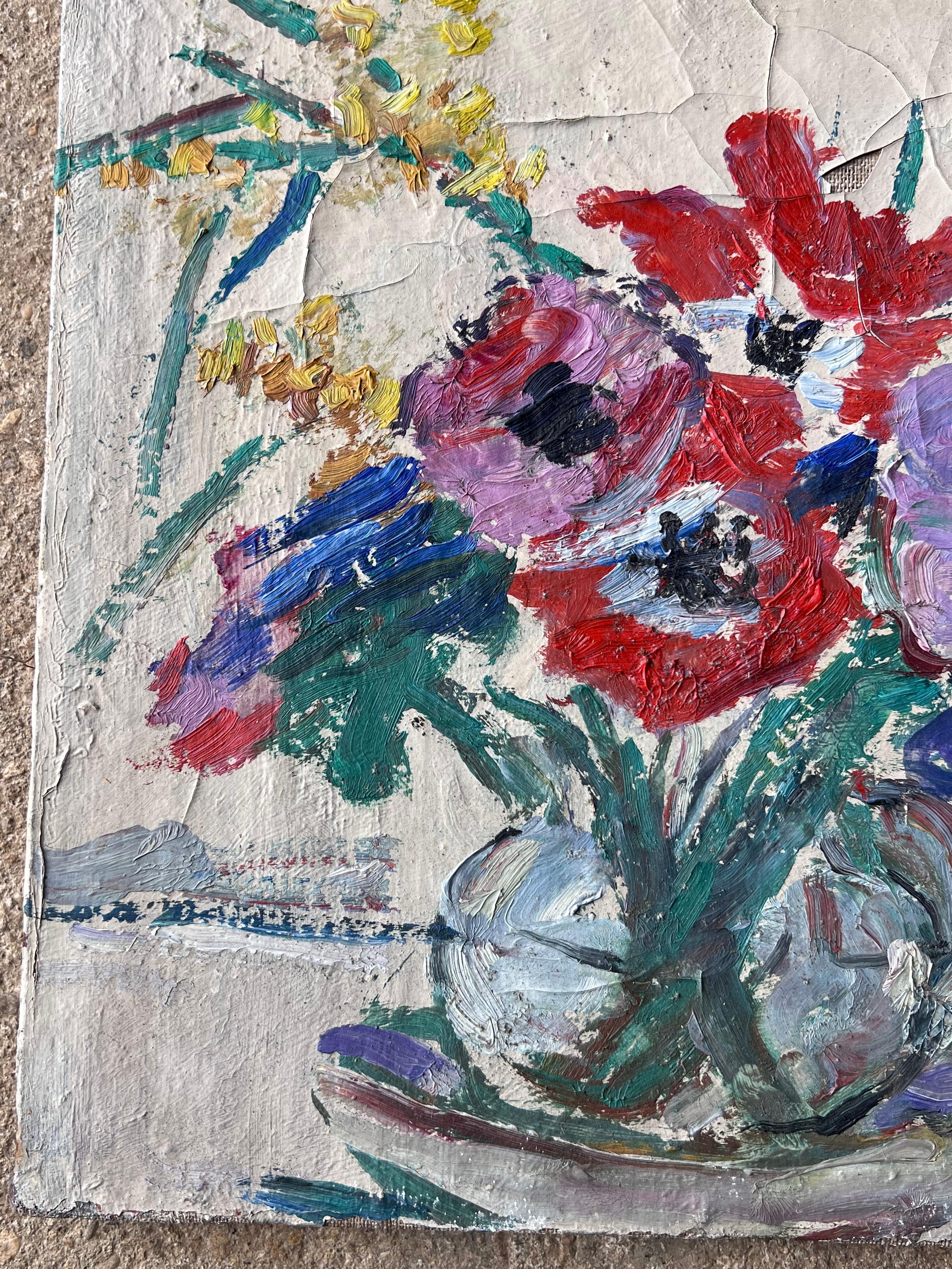 Rote und lila Anemonen in Glasvase Mid Century Impressionist Französisch Malerei im Angebot 1