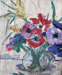 Red and Purple Anemones in Glass Vase Mid Century Impressionist French Painting