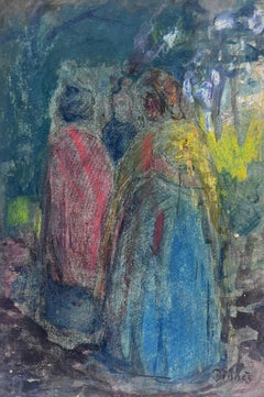 Signged 1950's French Post Impressionist Oil Painting Three Figures in Landscape