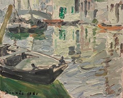 Sleepy Venice Canal Signed 1950's French Post-Impressionist Oil Painting