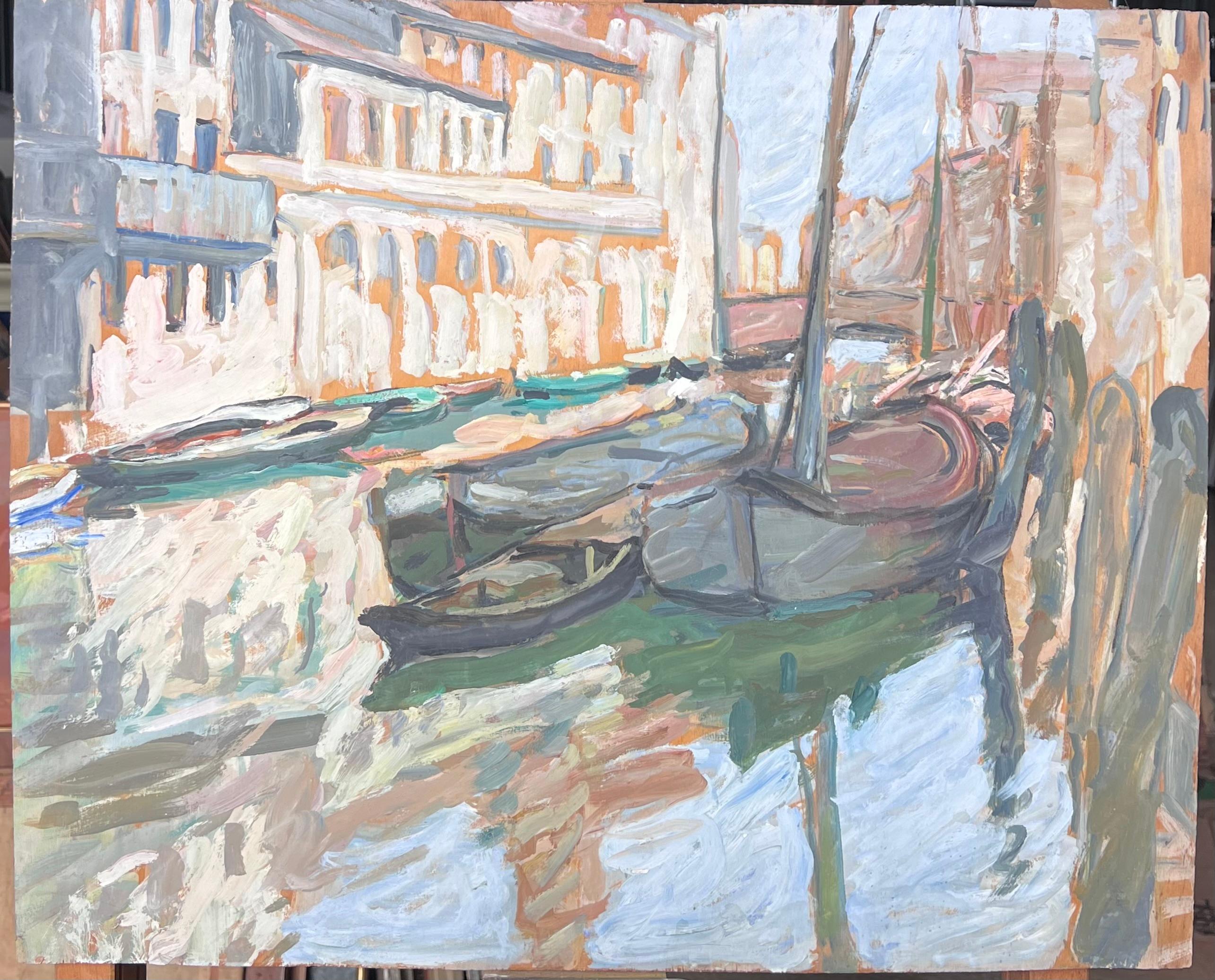 Stille Boote, die in den Kanälen von Venedig ruhen Französisches impressionistisches Gemälde – Painting von Suzanne Dinkes