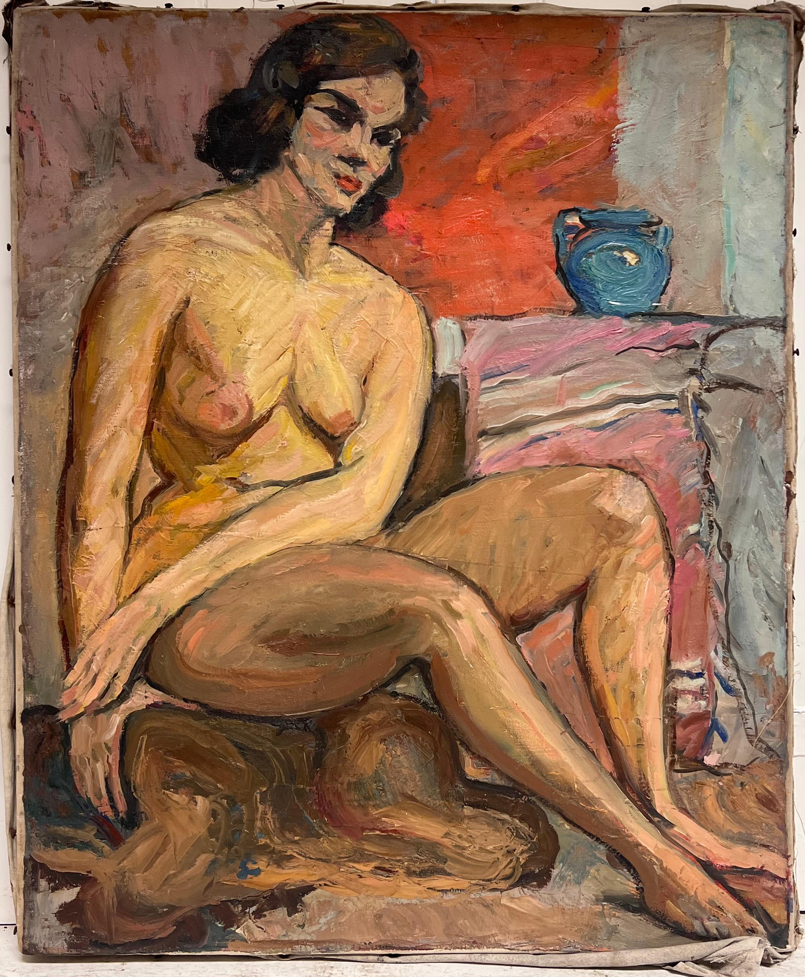 Superbe peinture à l'huile française du milieu du siècle Femme nue modèle d'artiste dans une pièce d'intérieur - Painting de Suzanne Dinkes