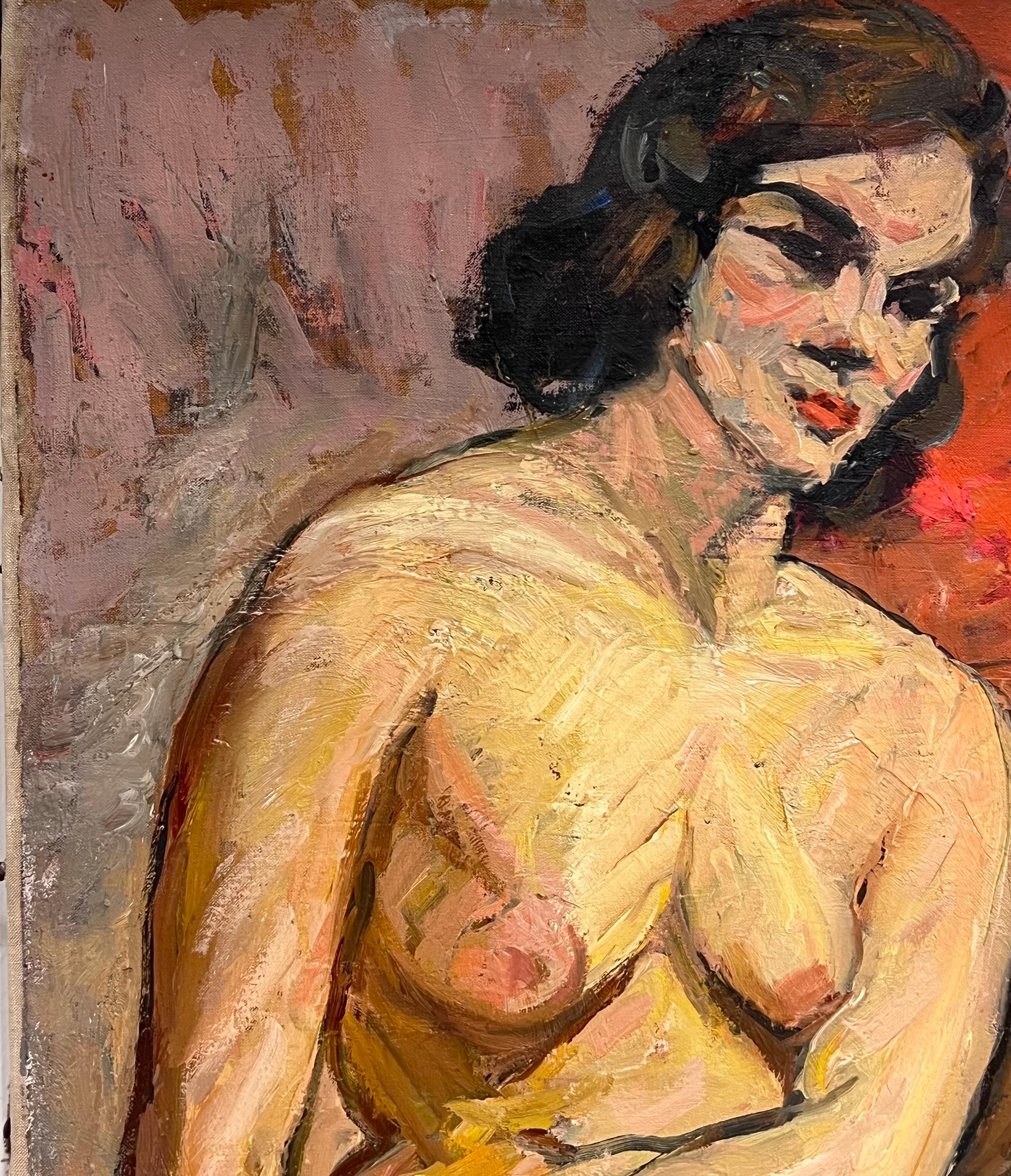 Superbe peinture à l'huile française du milieu du siècle Femme nue modèle d'artiste dans une pièce d'intérieur - Marron Interior Painting par Suzanne Dinkes
