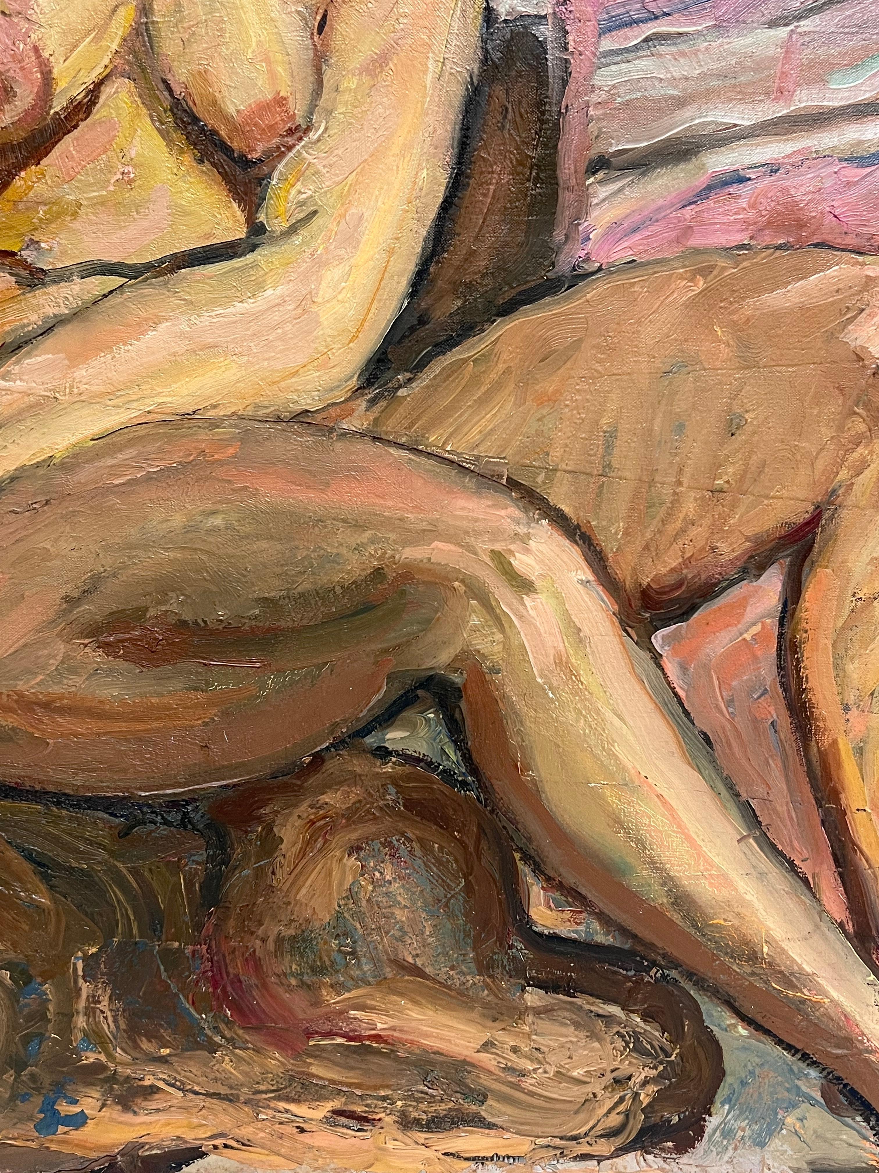 Superbe peinture à l'huile française du milieu du siècle Femme nue modèle d'artiste dans une pièce d'intérieur en vente 1