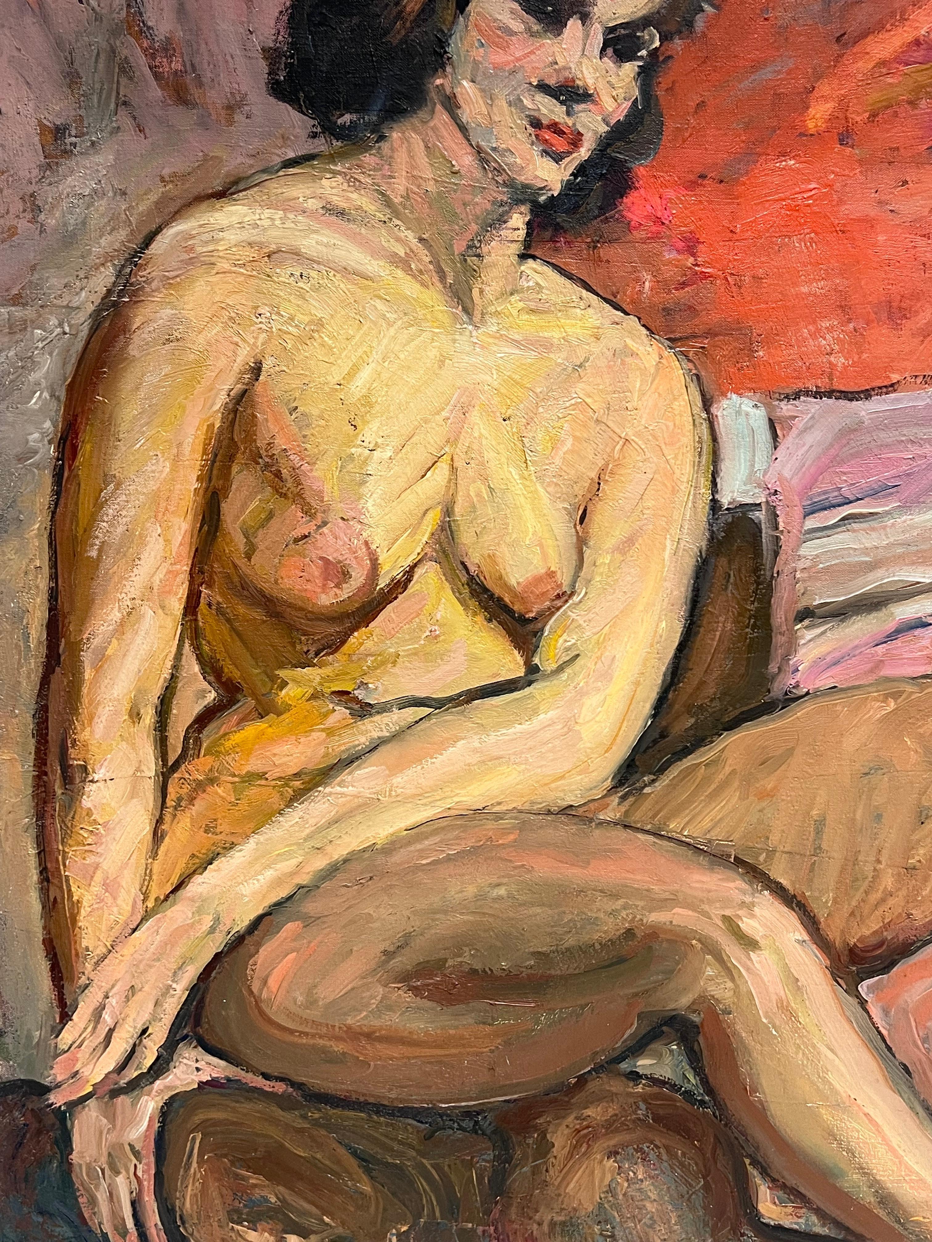 Superbe peinture à l'huile française du milieu du siècle Femme nue modèle d'artiste dans une pièce d'intérieur en vente 2