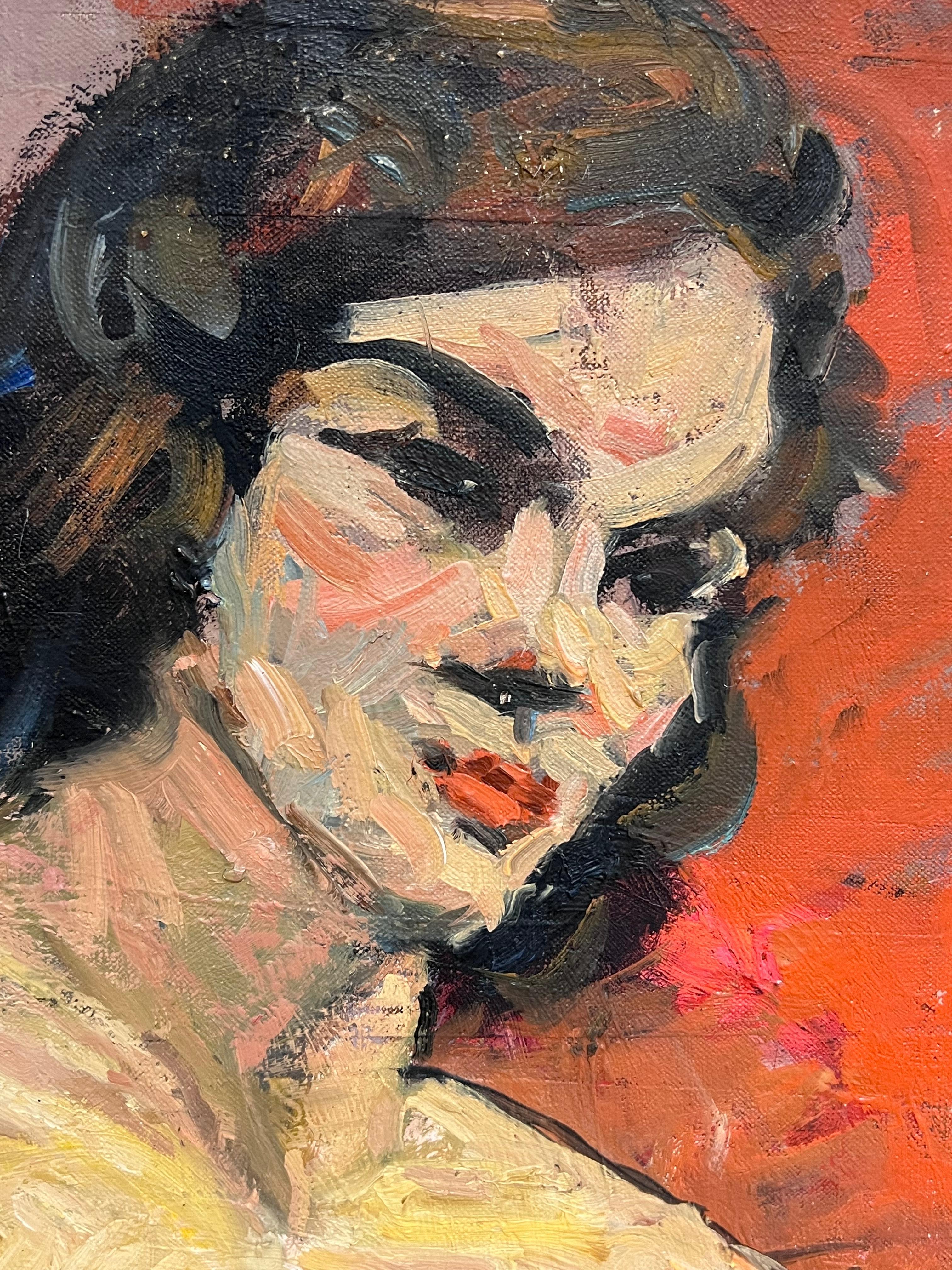 Superbe peinture à l'huile française du milieu du siècle Femme nue modèle d'artiste dans une pièce d'intérieur en vente 3