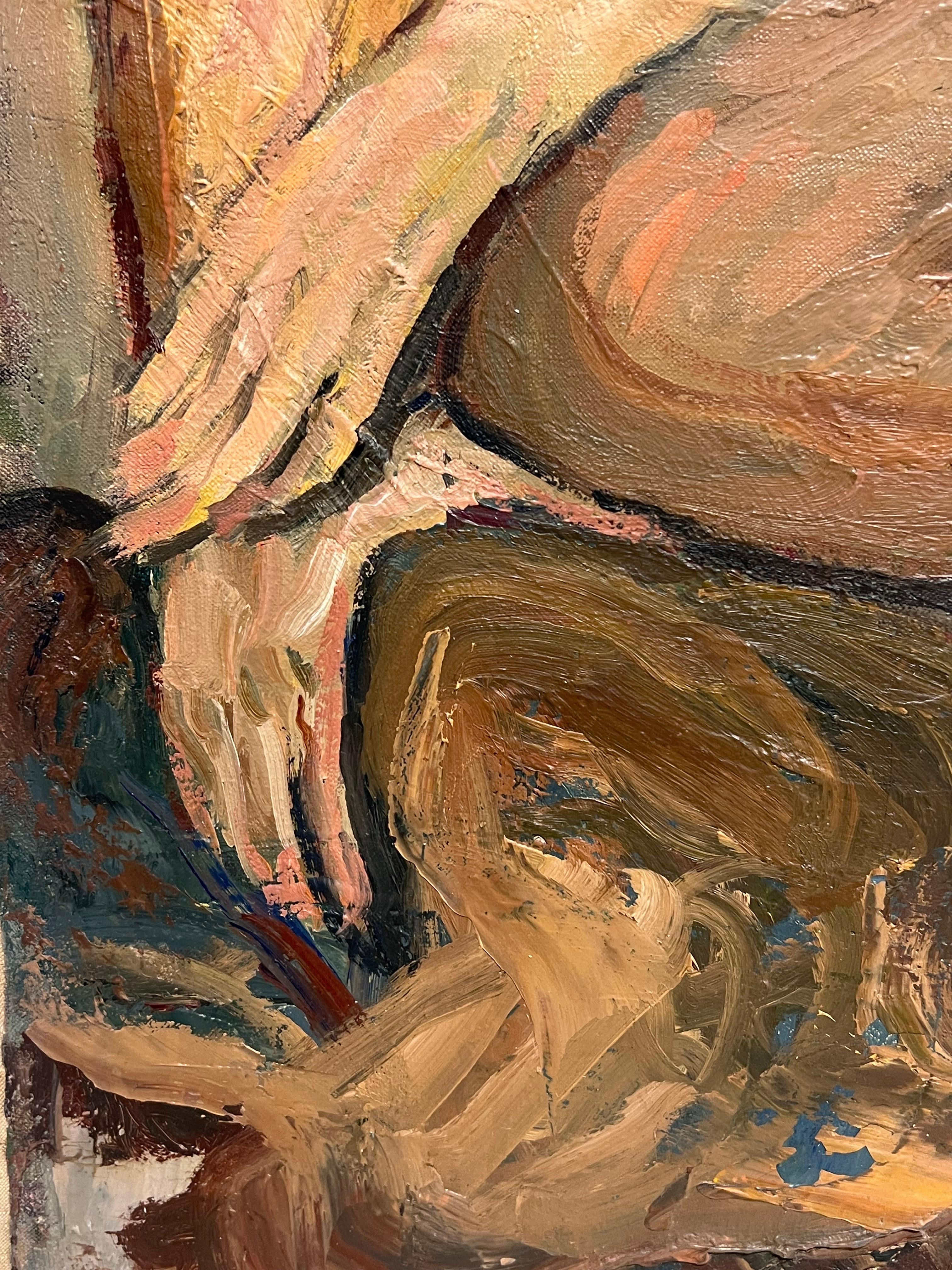 Superbe peinture à l'huile française du milieu du siècle Femme nue modèle d'artiste dans une pièce d'intérieur en vente 4