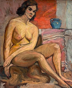 Superb French Mid Century Oil Painting Nude Woman Artists Model in Interior Room