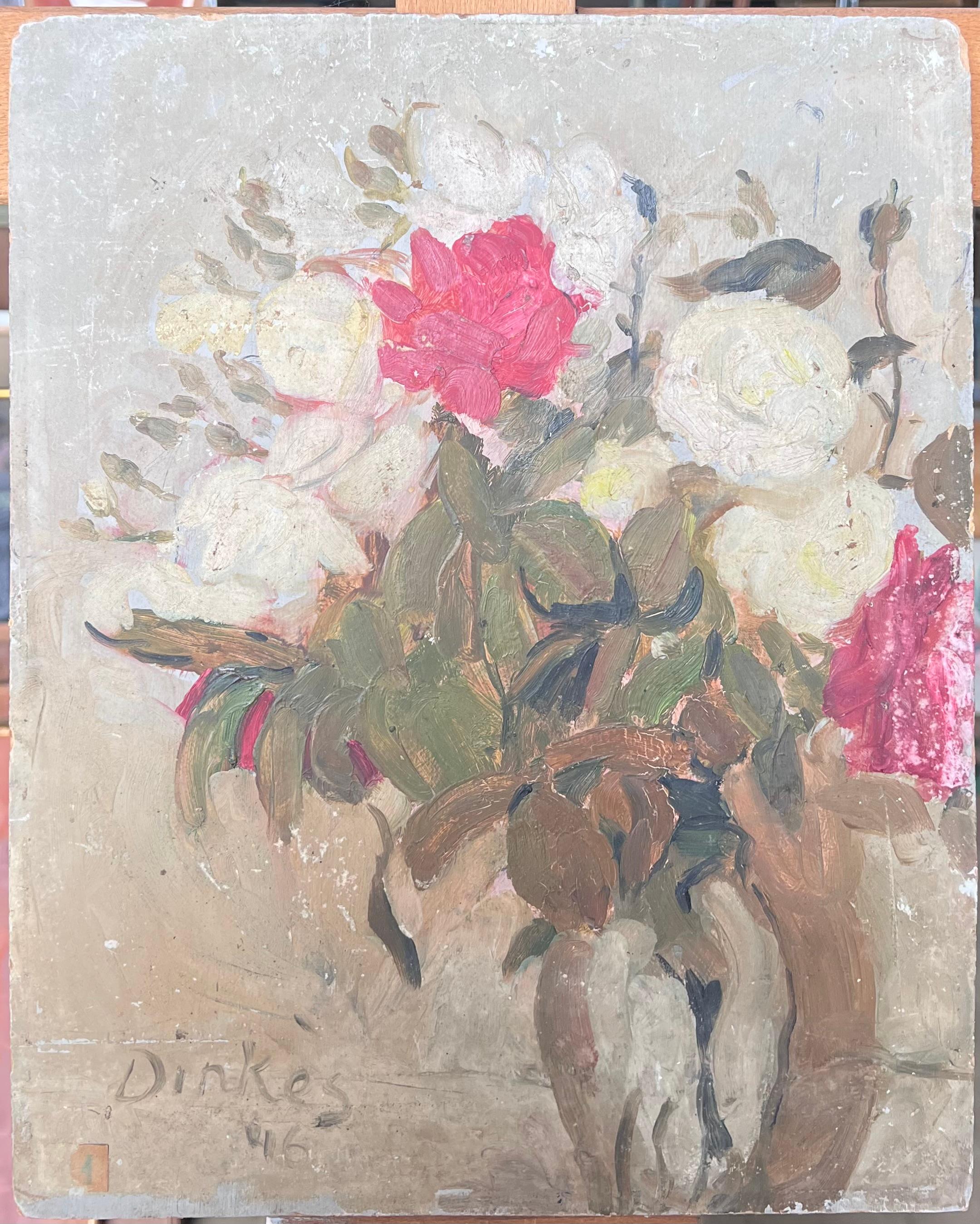 Nature morte aux roses blanches et roses dans un vase brun Huile impressionniste française du milieu du siècle - Painting de Suzanne Dinkes