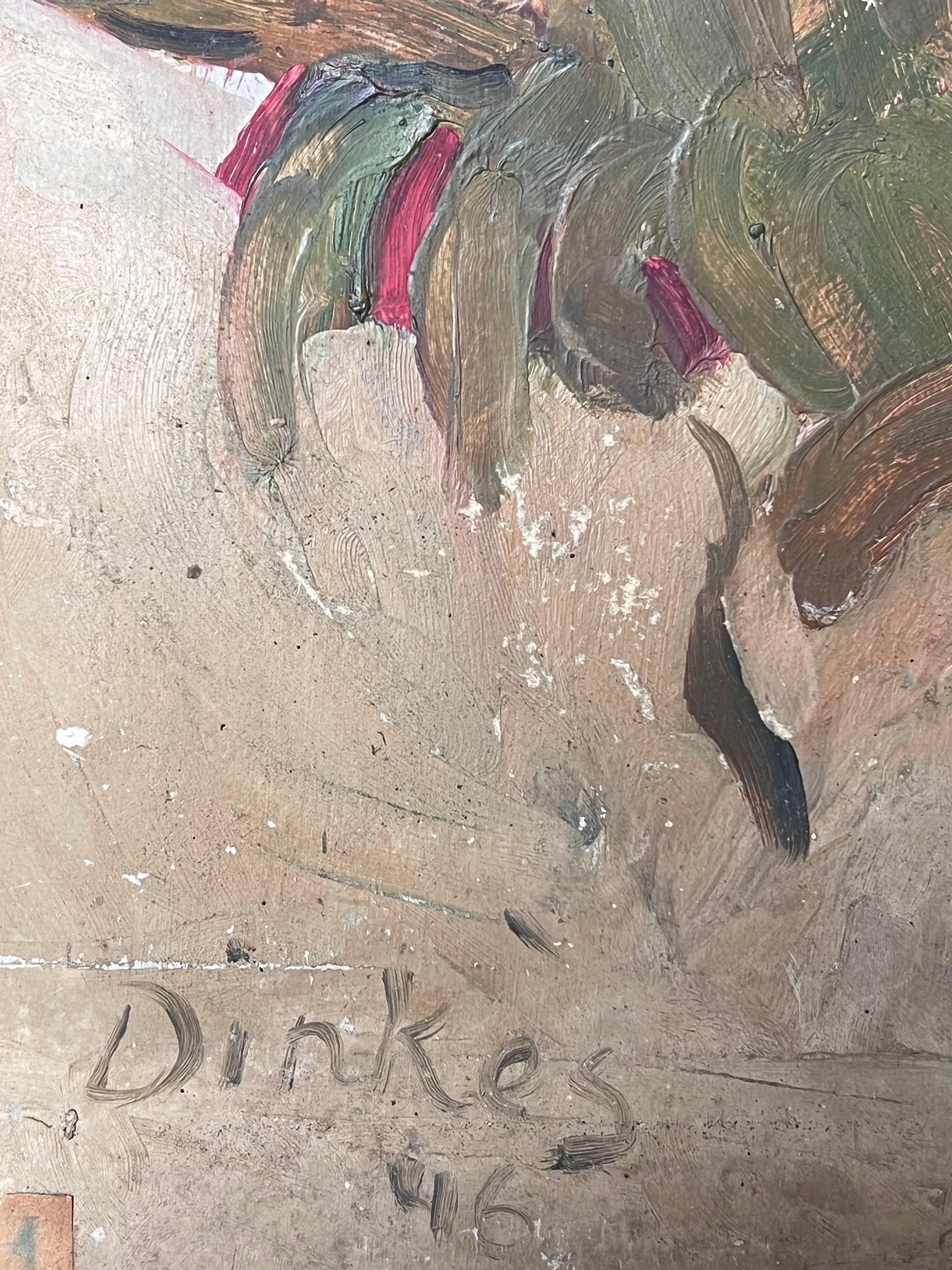 Nature morte aux roses blanches et roses dans un vase brun Huile impressionniste française du milieu du siècle en vente 1