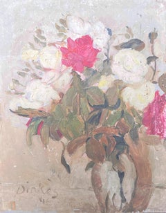 White & Pink Roses in Brown Vase Still Life Mid Century French Impressionist Oil