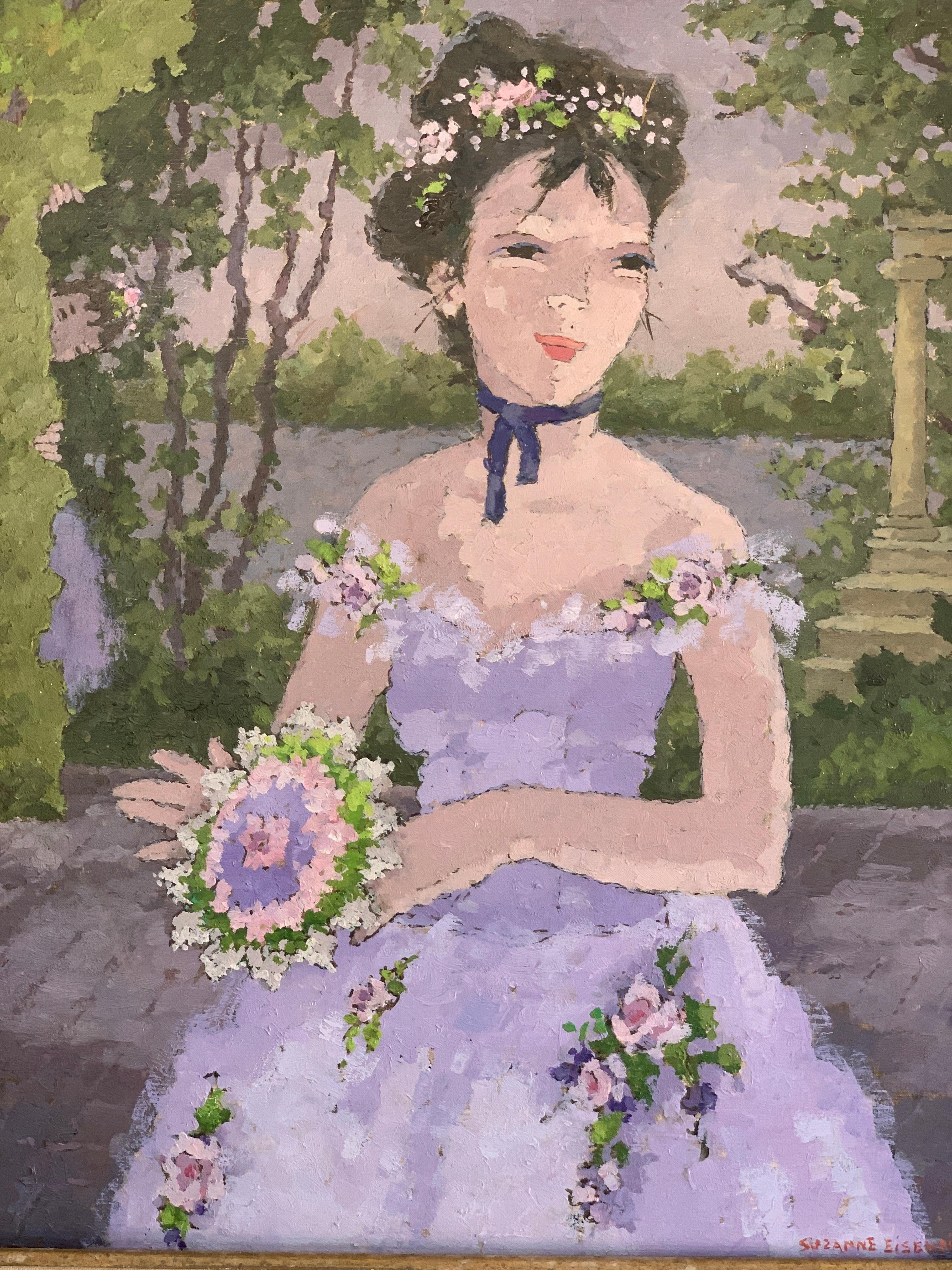 Early 20th century French impressionist portrait of a girl, le premier Bouquet - Painting by Suzanne Eisendieck