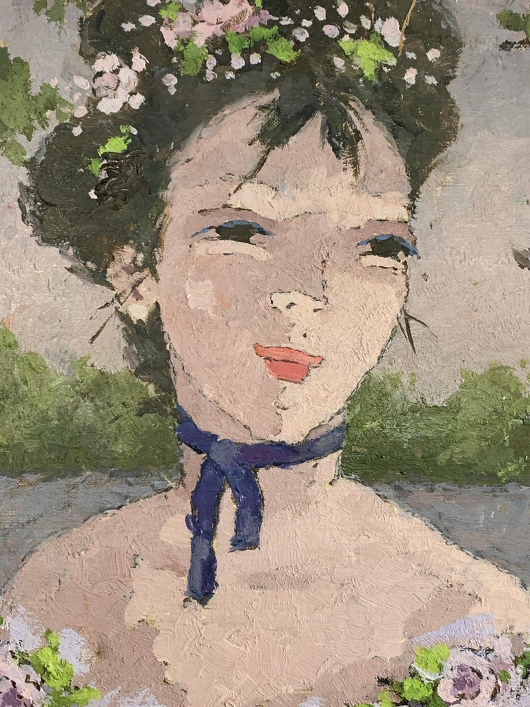 Early 20th century French impressionist portrait of a girl, le premier Bouquet - Impressionist Painting by Suzanne Eisendieck