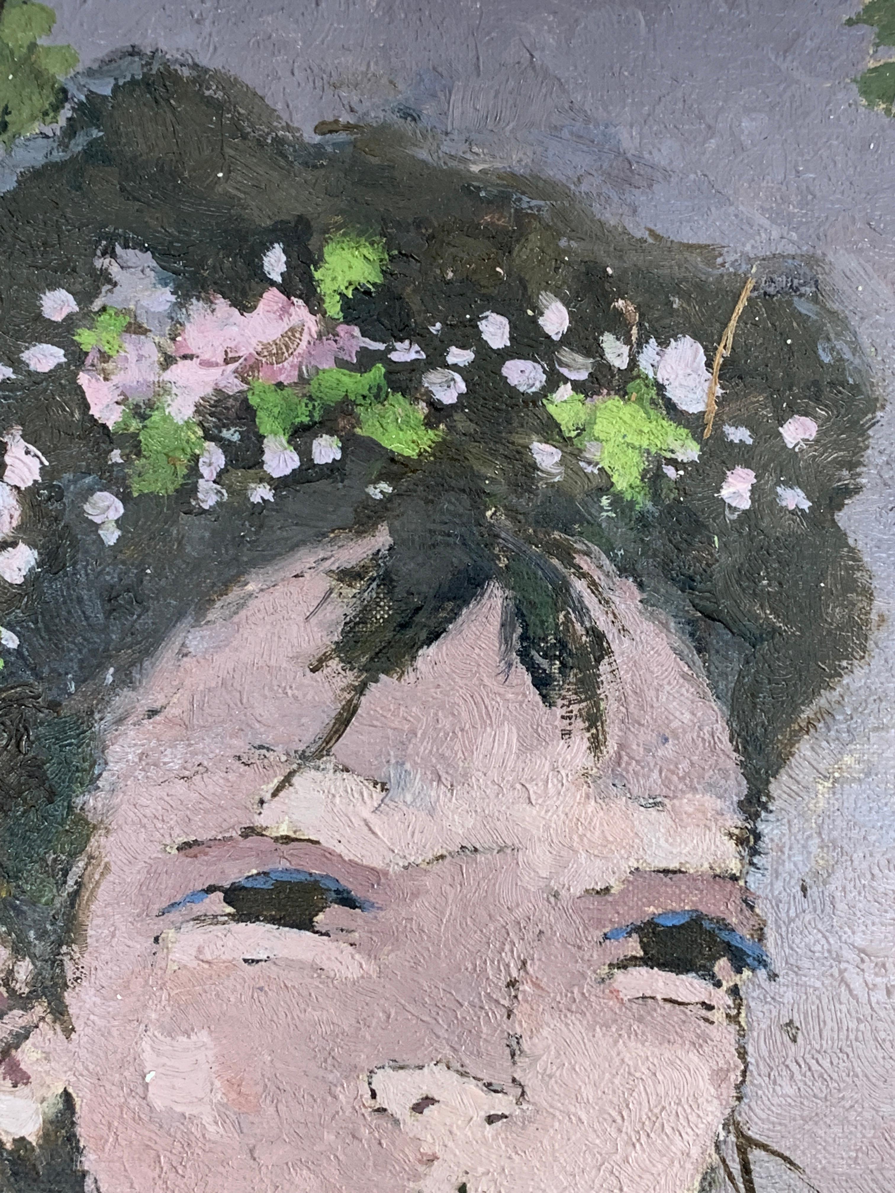 Early 20th century French impressionist portrait of a girl, le premier Bouquet - Brown Portrait Painting by Suzanne Eisendieck