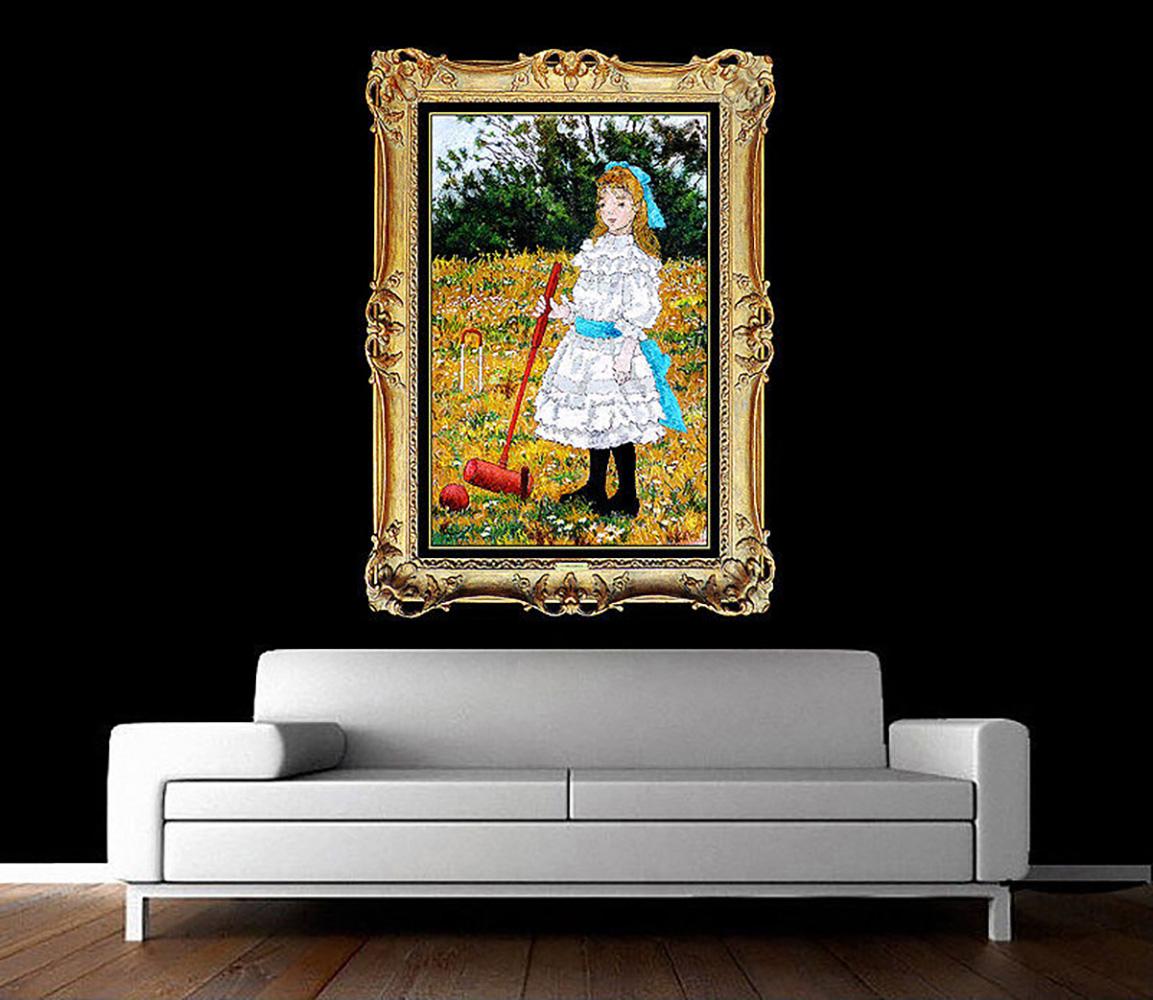 Artist: Suzanne Eisendieck
Title: Sabine Au Croquet
Medium: Oil on Canvas
Edition Number:  Original Painting 
Reference information: Wally Findlay Reference #72413
Artwork Size: 36 x 24 Unframed 
Frame Size: 46 x 34 Framed 
