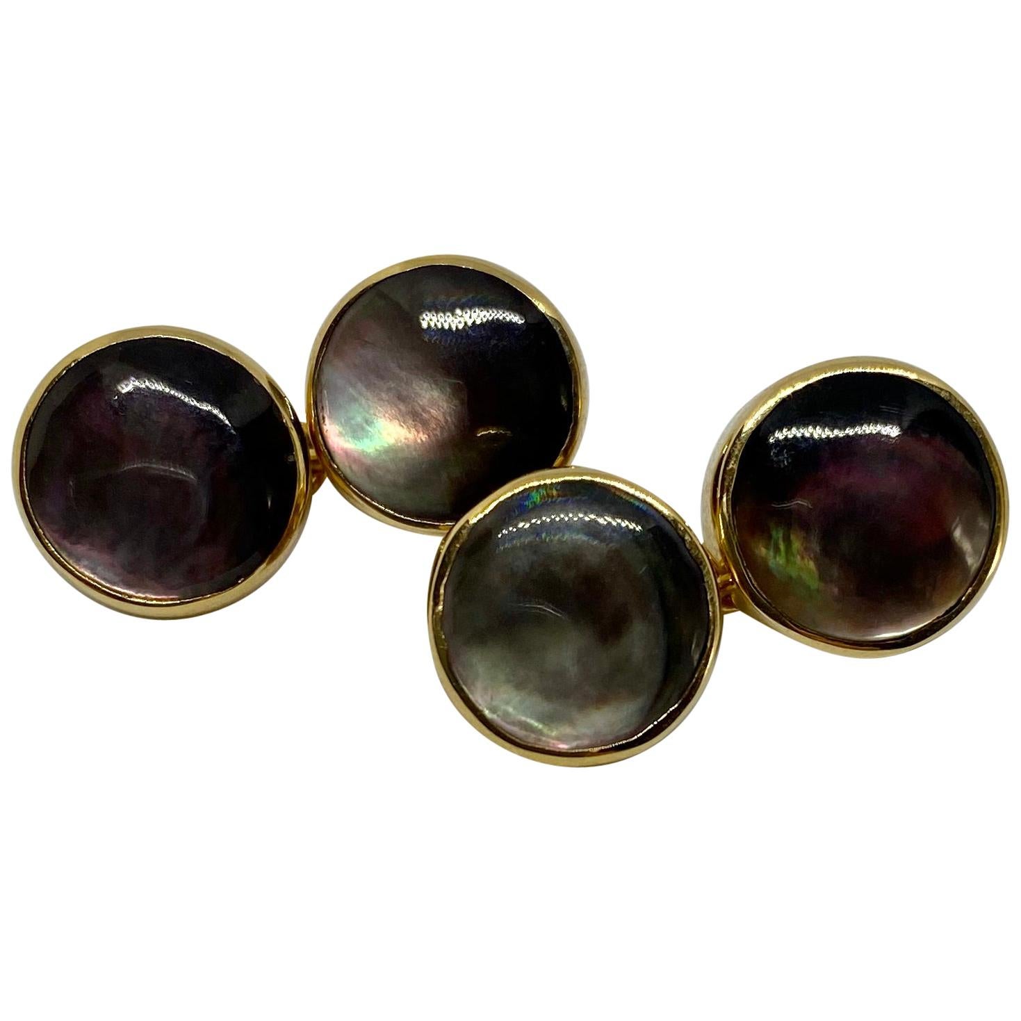 Suzanne Felsen Boutons de manchette double face en or jaune 18 carats avec ornements d'ormeau en vente