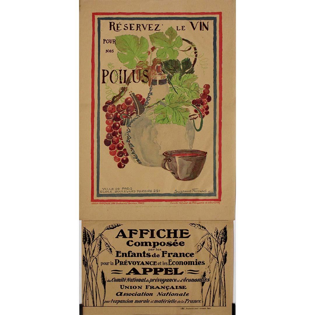 Manifesto originale del 1918 "Riserva il vino per i nostri soldati". - Print di Suzanne Ferrand