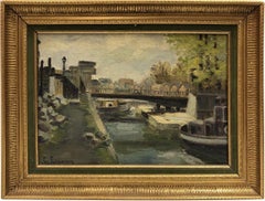 Riverside of the Saone in Lyon, Original antique oil on canvas, French school