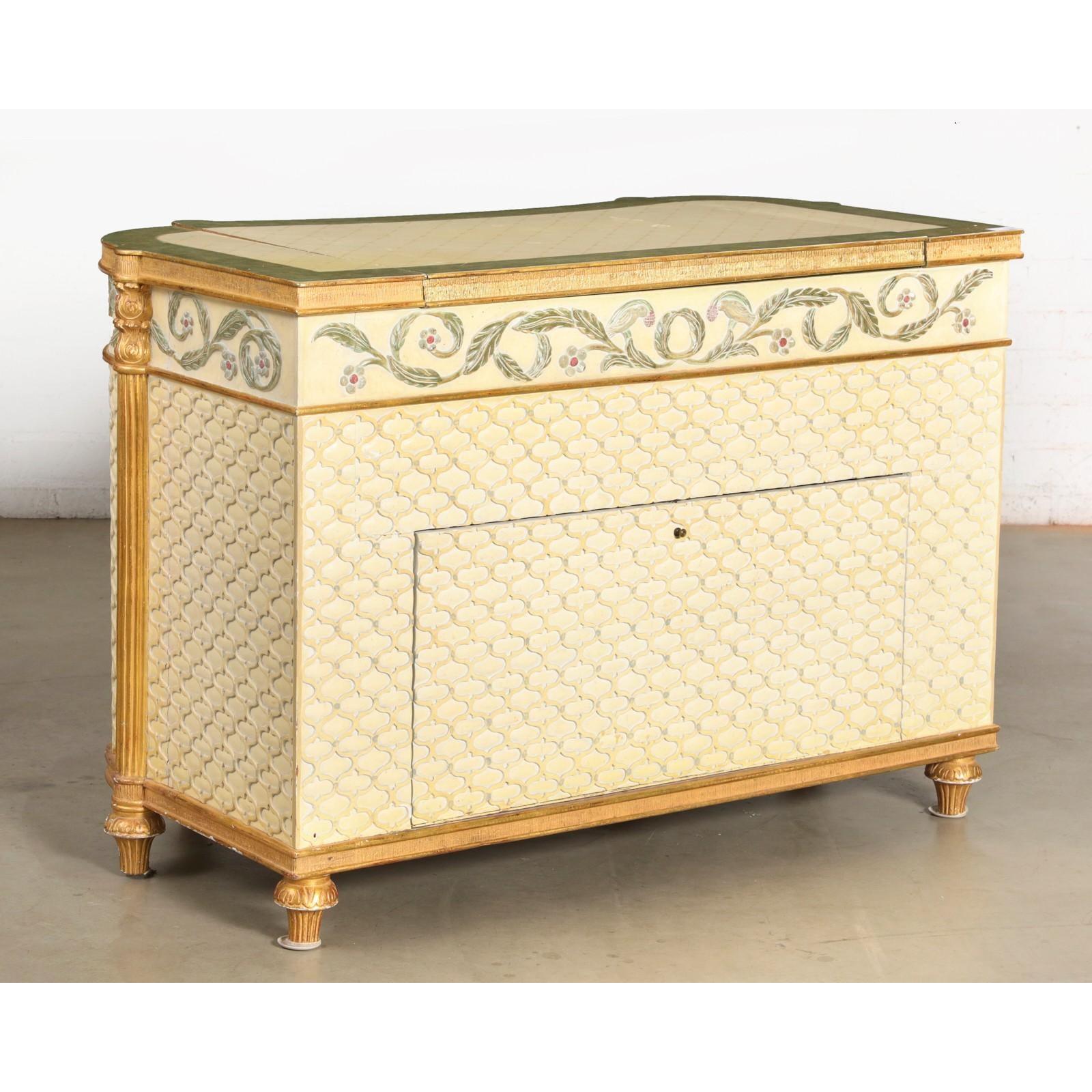 Suzanne Geismar Giltwood Blue & White Paint Decorated Commode / Television Cabinet. With remote activated lift.

Additional information:
Materials: Giltwood, Paint
Color: Cream
Brand: Vermillion
Period: 1990s
Styles: Louis XVI, Neoclassical
Item