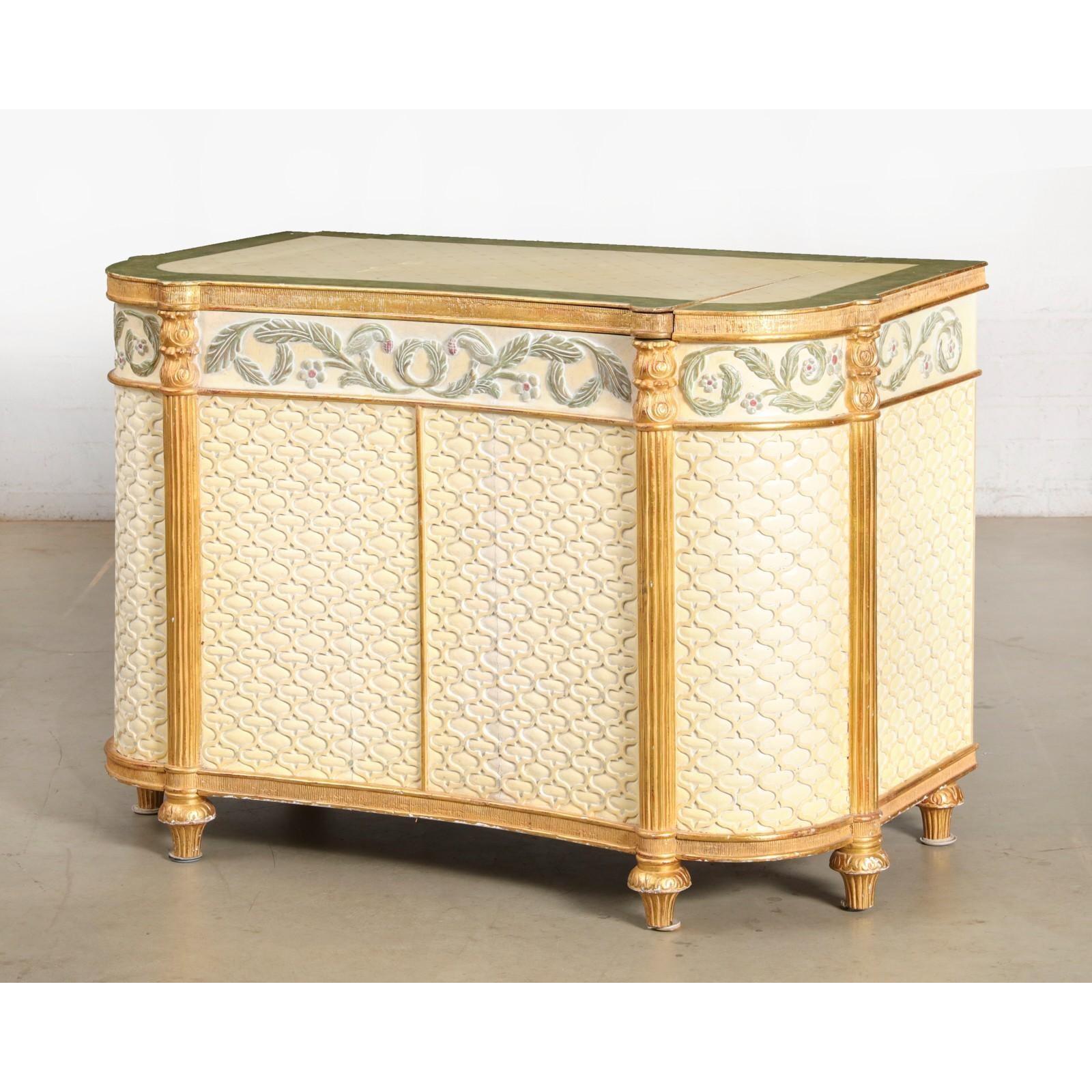 Louis XVI Commode/Television Cabinet Suzanne Geismar décorée en bois doré bleu et blanc en vente