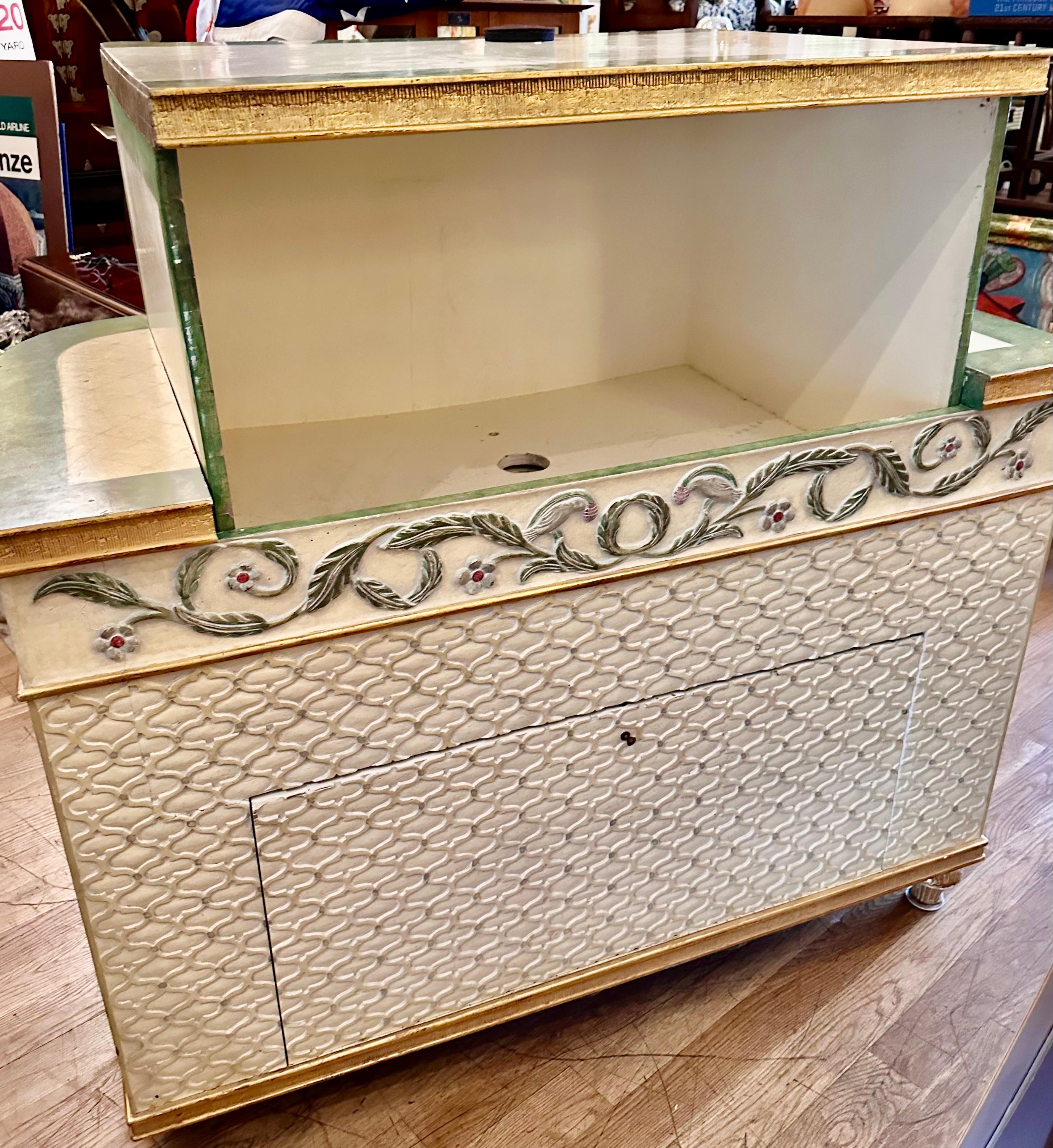 Suzanne Geismar Giltwood Blue & White Paint Decorated Commode/Television Cabinet In Good Condition For Sale In LOS ANGELES, CA