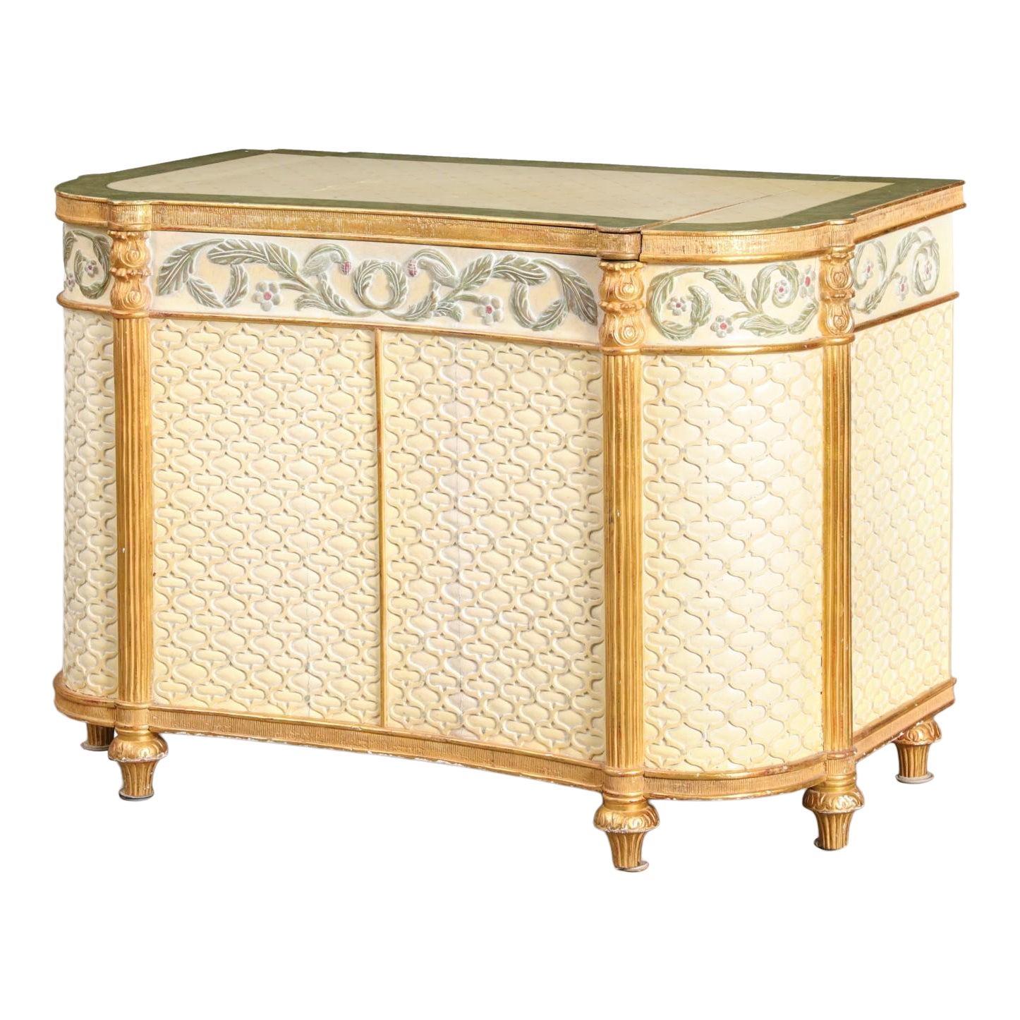 Commode/Television Cabinet Suzanne Geismar décorée en bois doré bleu et blanc en vente