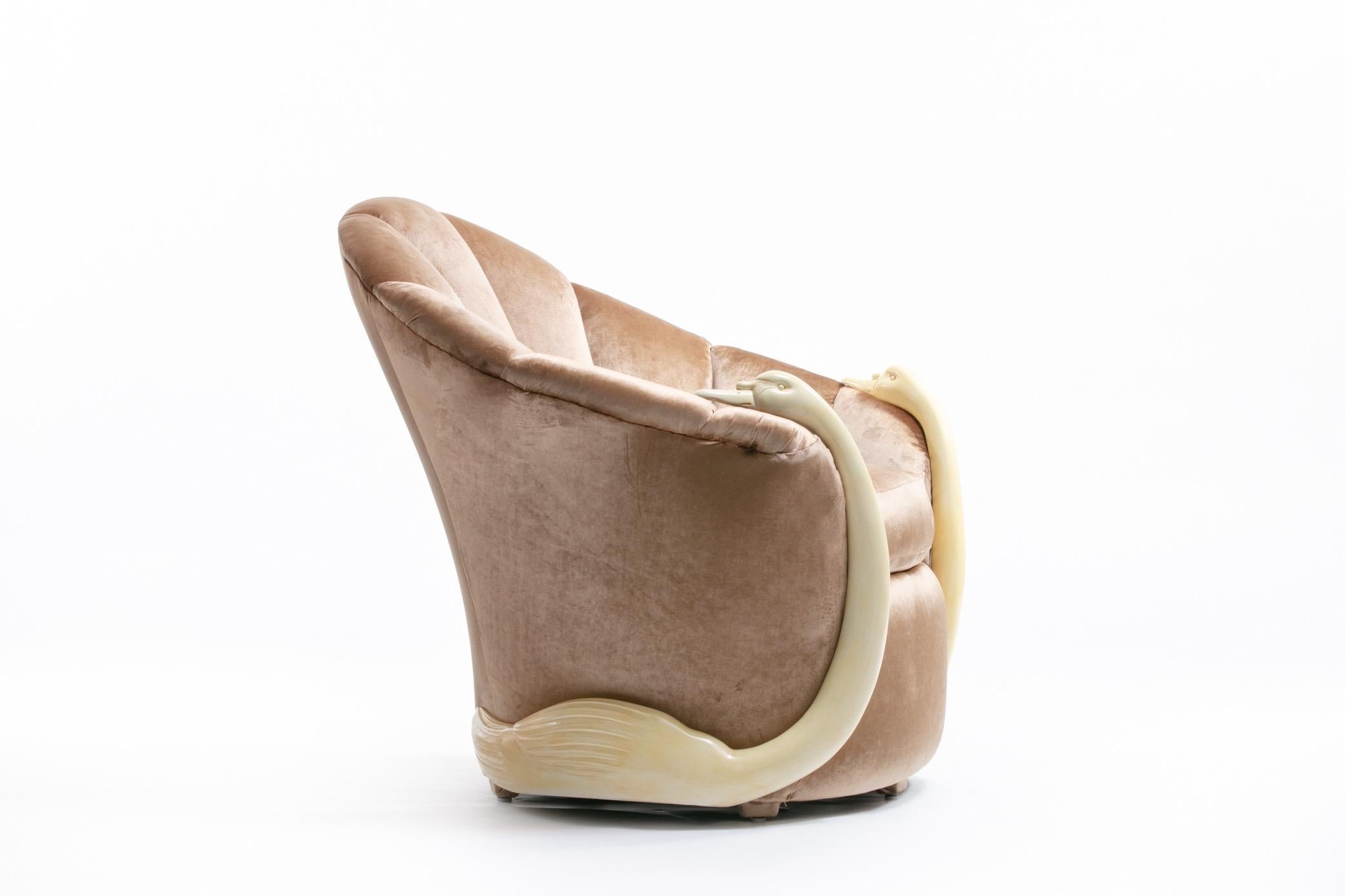 Parchment Paper Suzanne Geismar Swan Leda Lounge Chairs in Mink Velvet and Ivory Parchment Swans For Sale