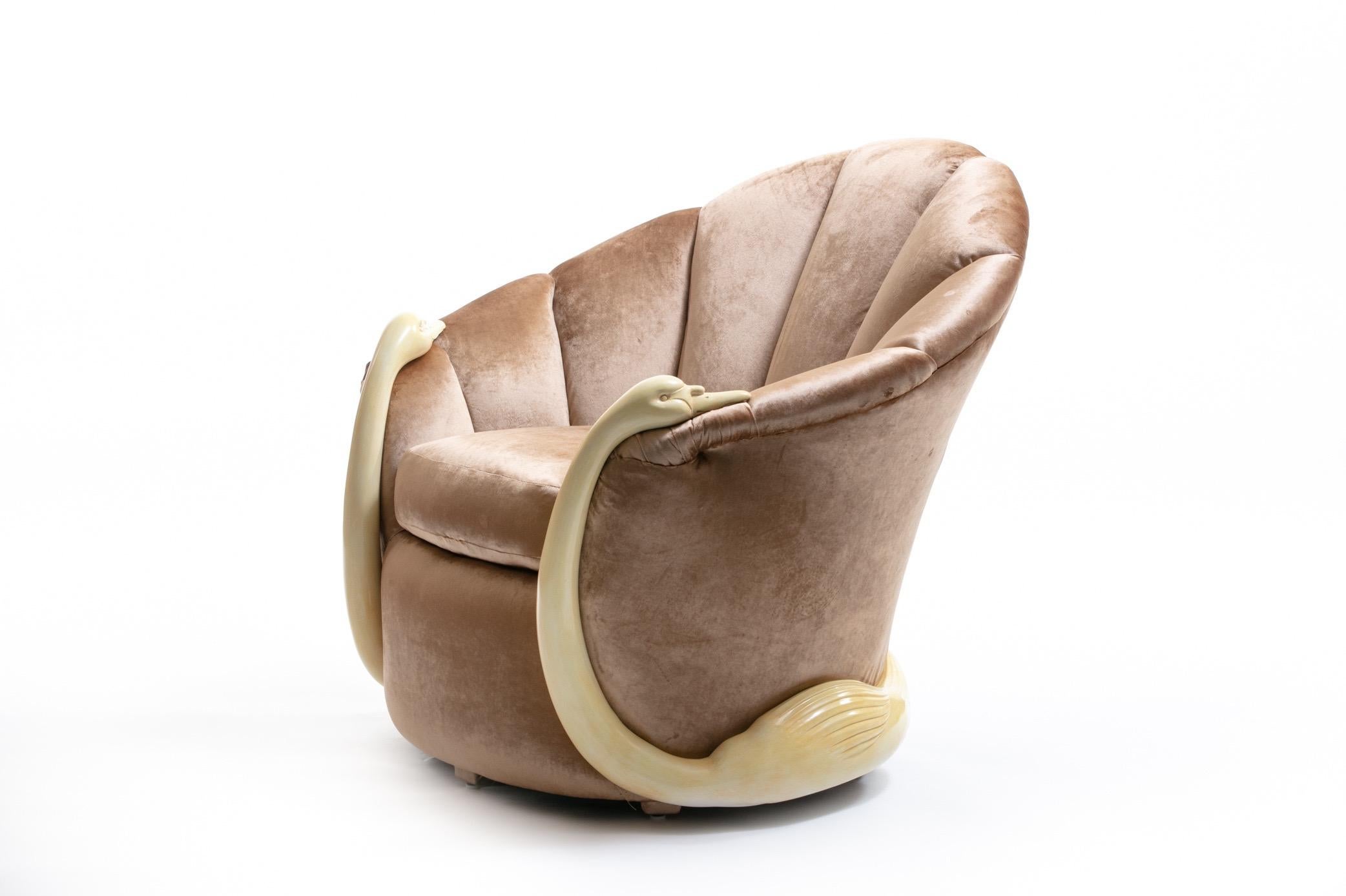 Suzanne Geismar Swan Leda Lounge Chairs in Mink Velvet and Ivory Parchment Swans For Sale 5