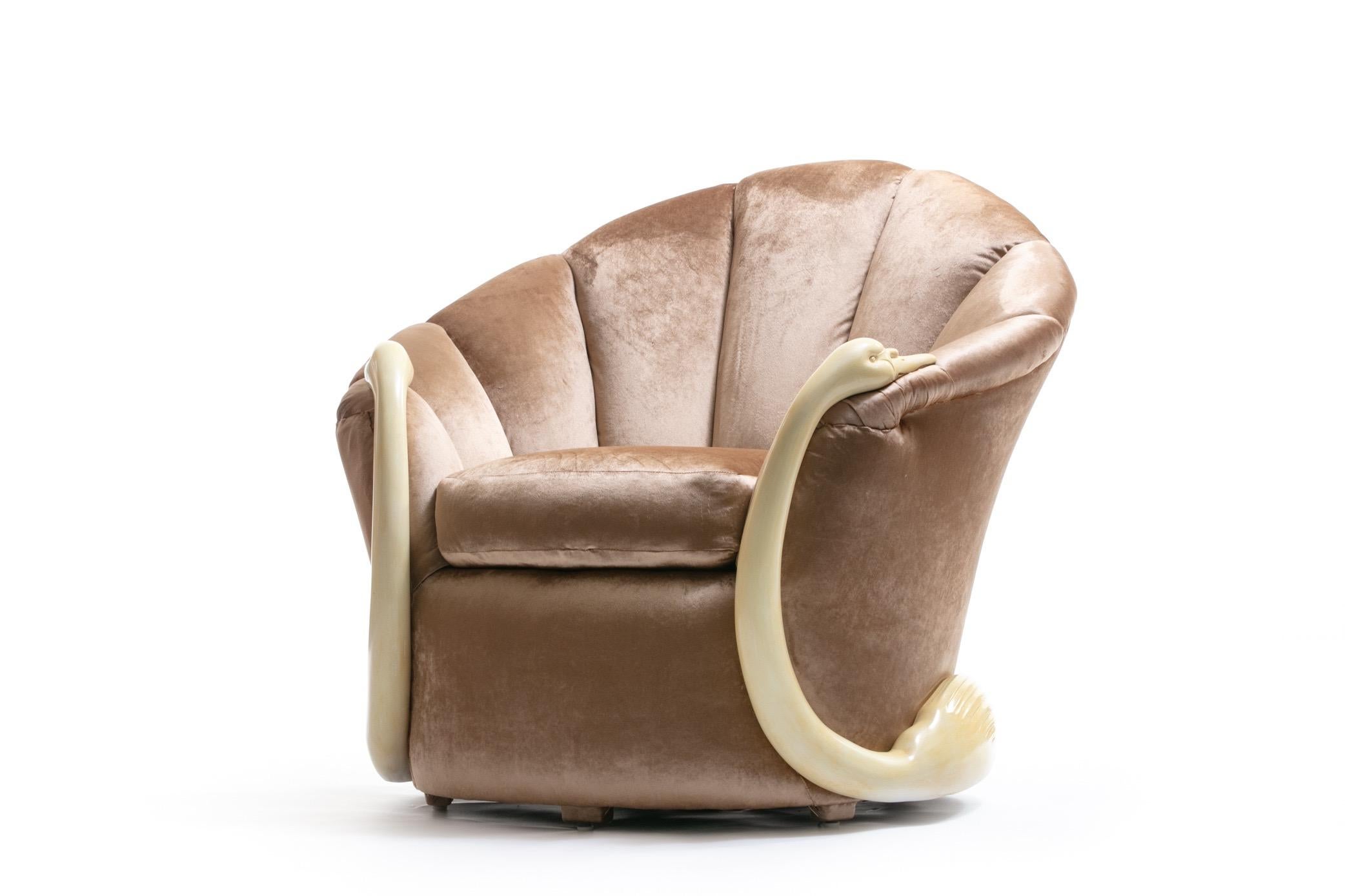 Suzanne Geismar Swan Leda Lounge Chairs in Mink Velvet and Ivory Parchment Swans For Sale 7