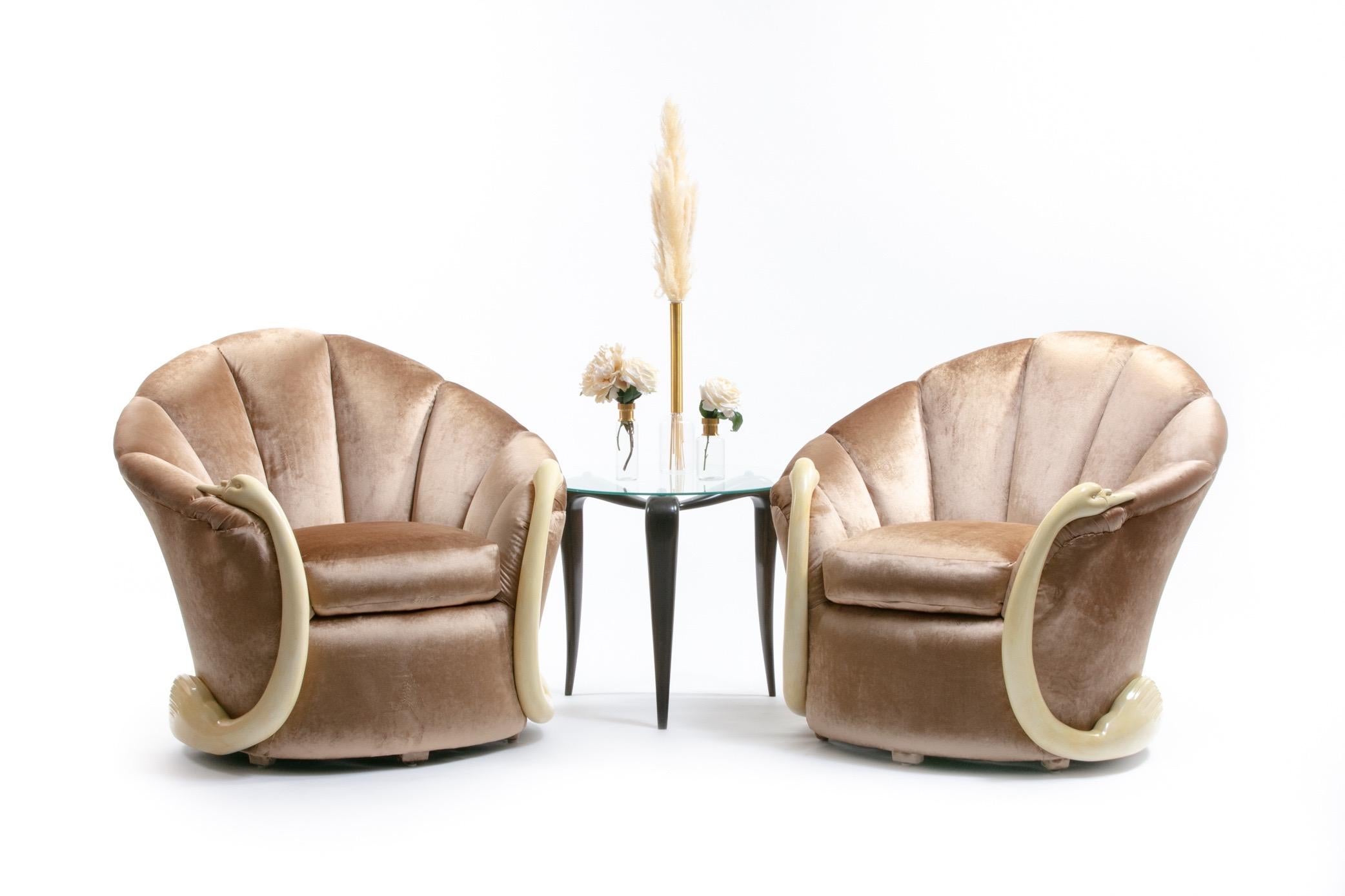 Lacquered Suzanne Geismar Swan Leda Lounge Chairs in Mink Velvet and Ivory Parchment Swans For Sale