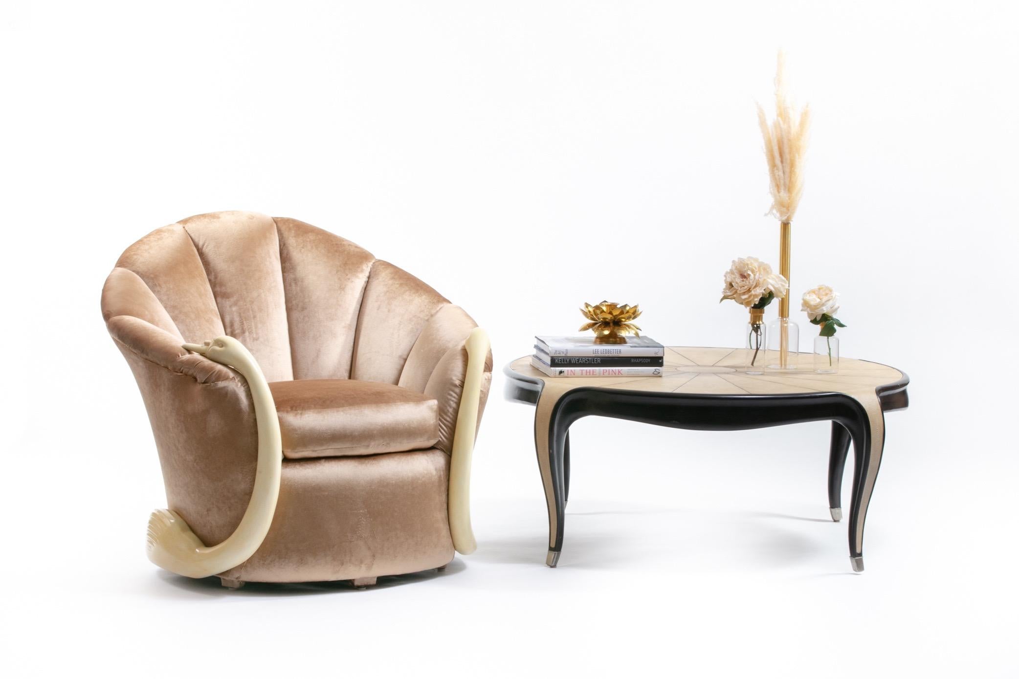Lacquered Suzanne Geismar Swan Leda Lounge Chairs in Mink Velvet and Ivory Parchment Swans For Sale