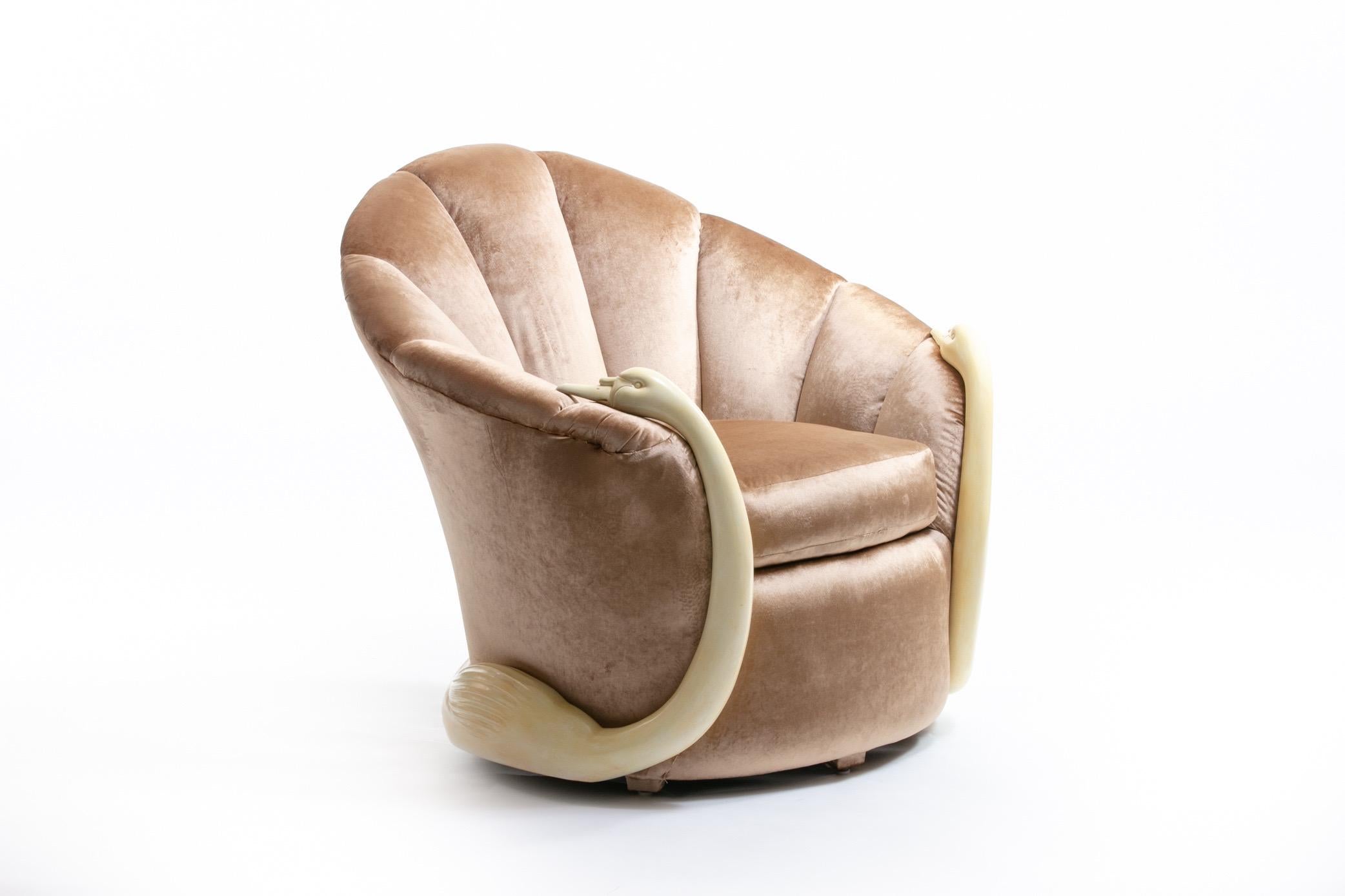 Parchment Paper Suzanne Geismar Swan Leda Lounge Chairs in Mink Velvet and Ivory Parchment Swans For Sale
