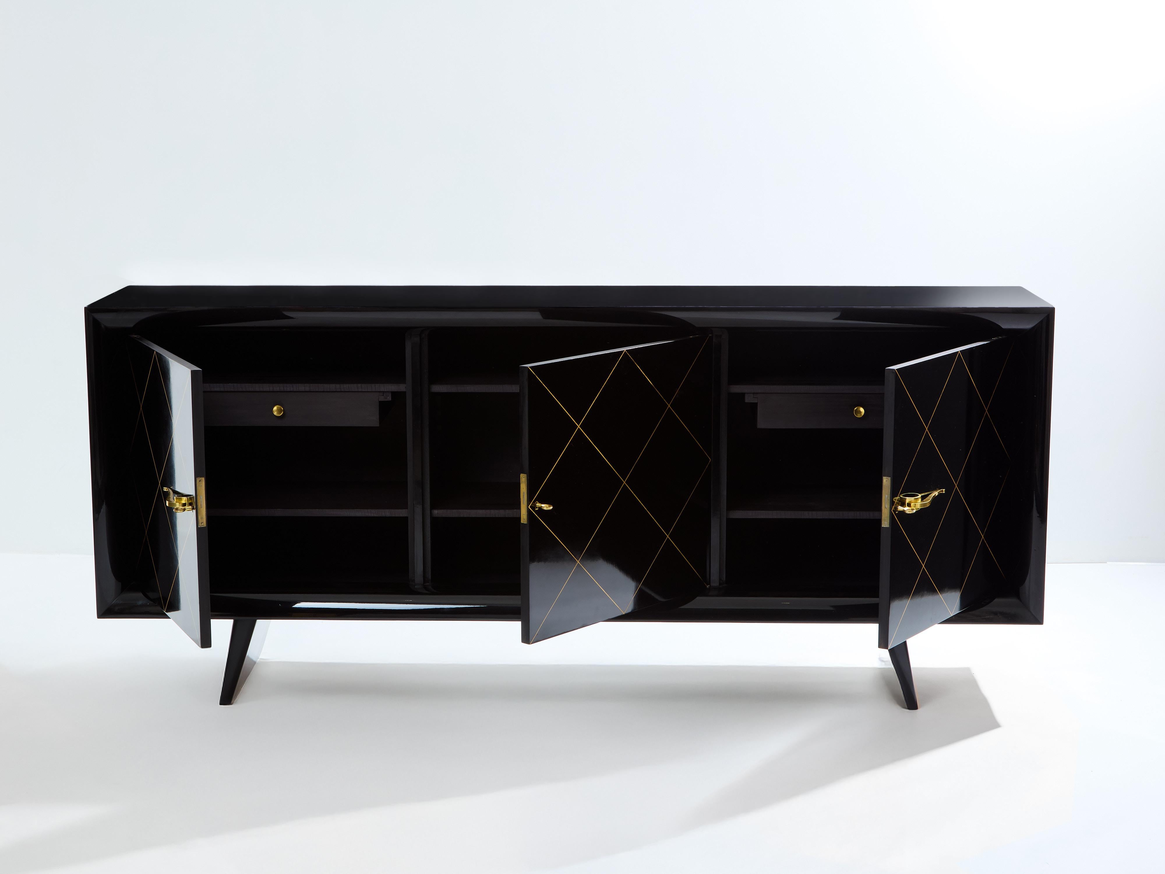 Sycamore Suzanne Guiguichon ebonized sycamore brass gilt sideboard 1940 For Sale