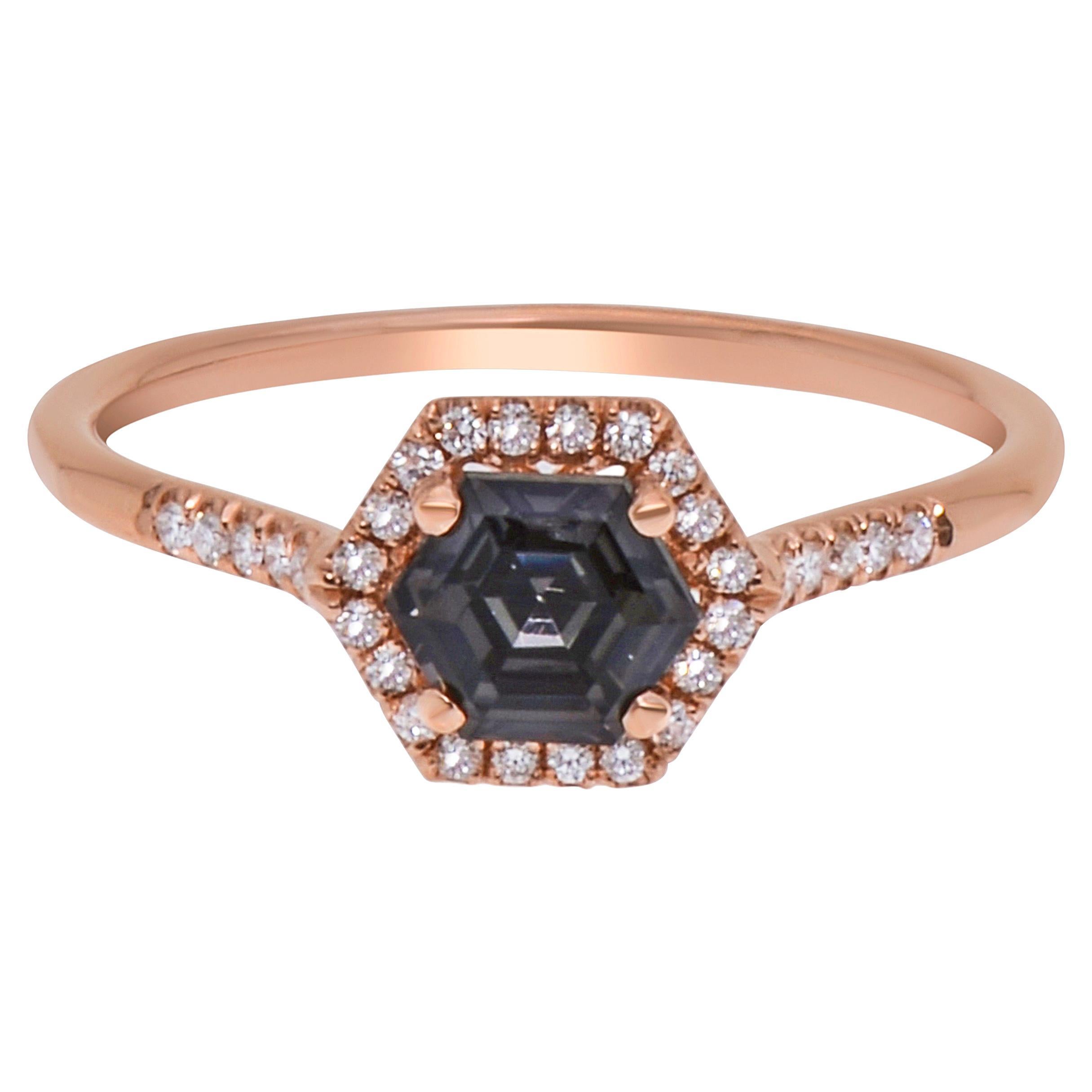 Suzanne Kalan 14K Rose Gold Diamond & Black Night Quartz Ring sz 6.25 For Sale