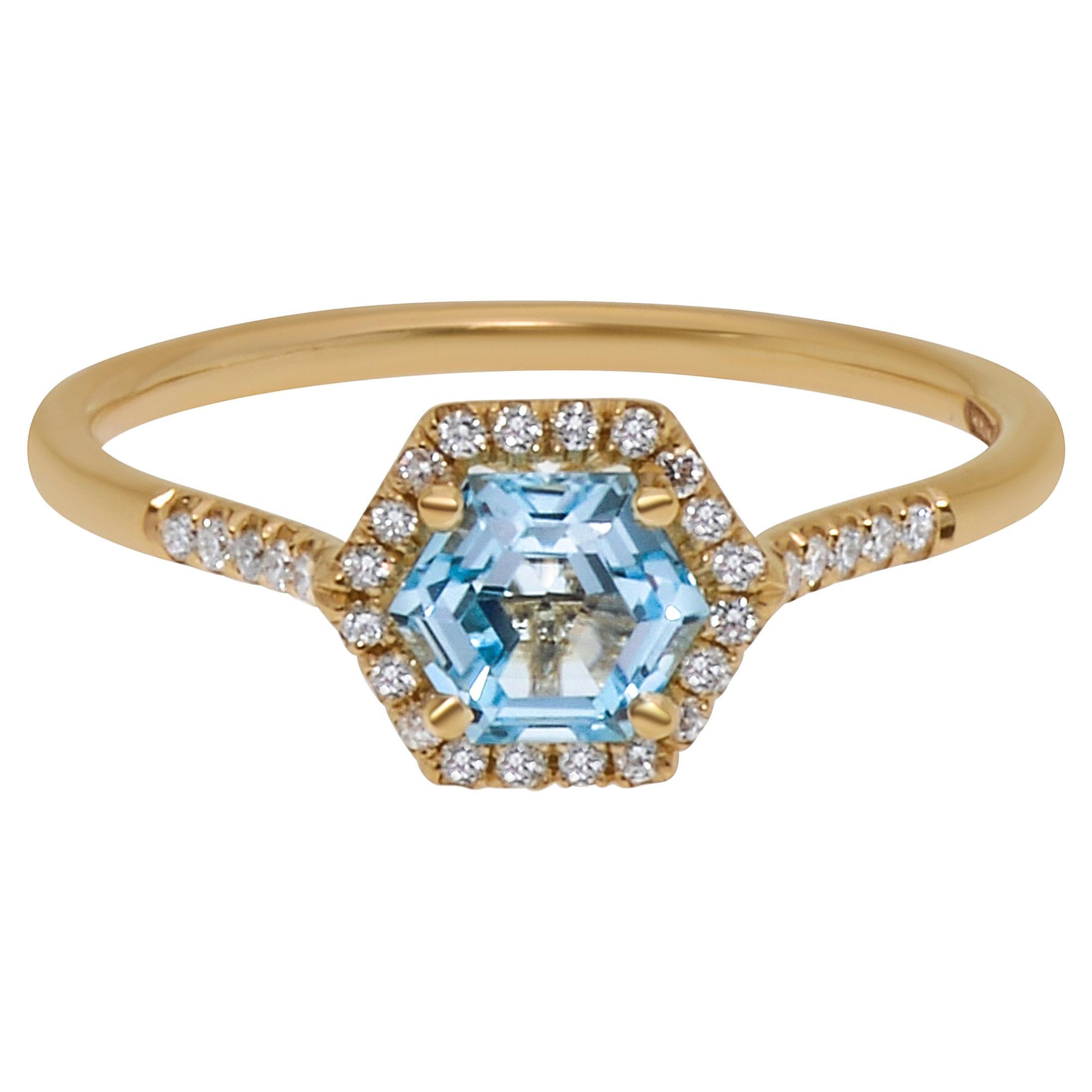 Suzanne Kalan, bague en or jaune 14 carats avec diamants et topaze bleue, taille 6,25