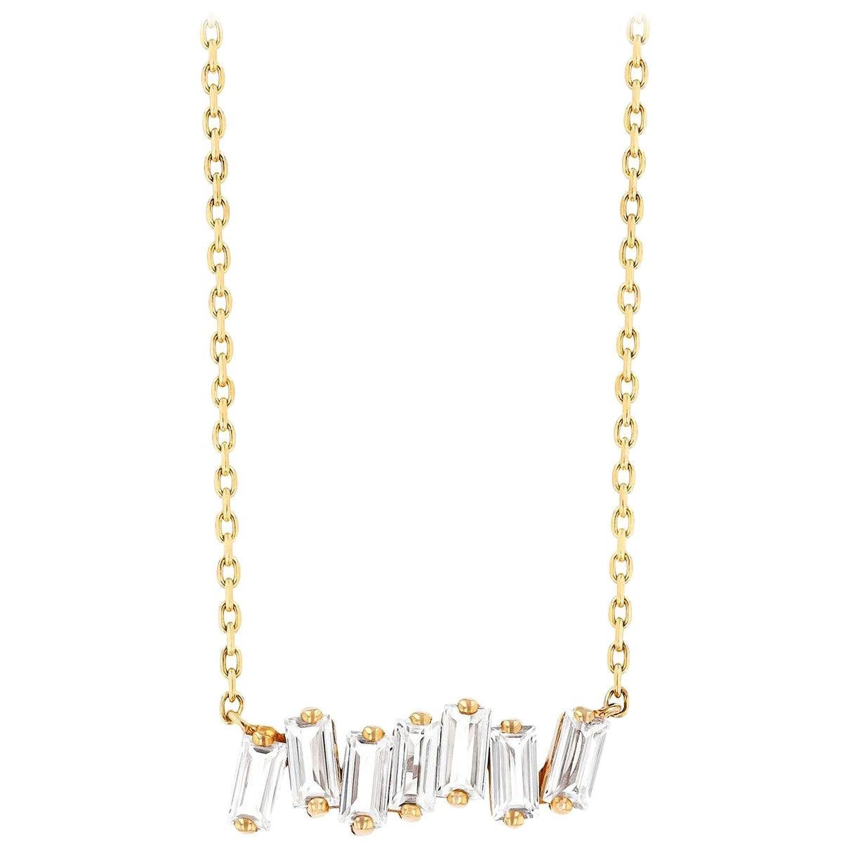 Suzanne Kalan 14k Yellow Gold White Topaz Baguette Bar Necklace For Sale