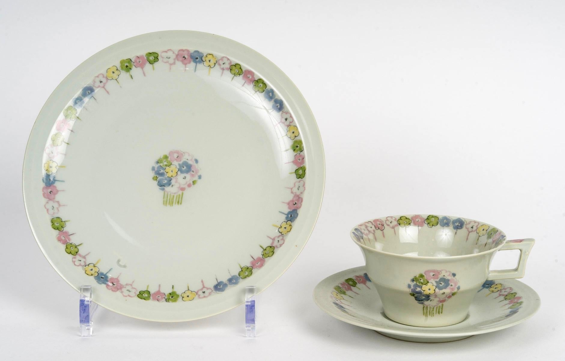 Art Deco Suzanne Lalique Et Haviland - Dessert & Coffee Set Nicole Celadon Porcelain For Sale