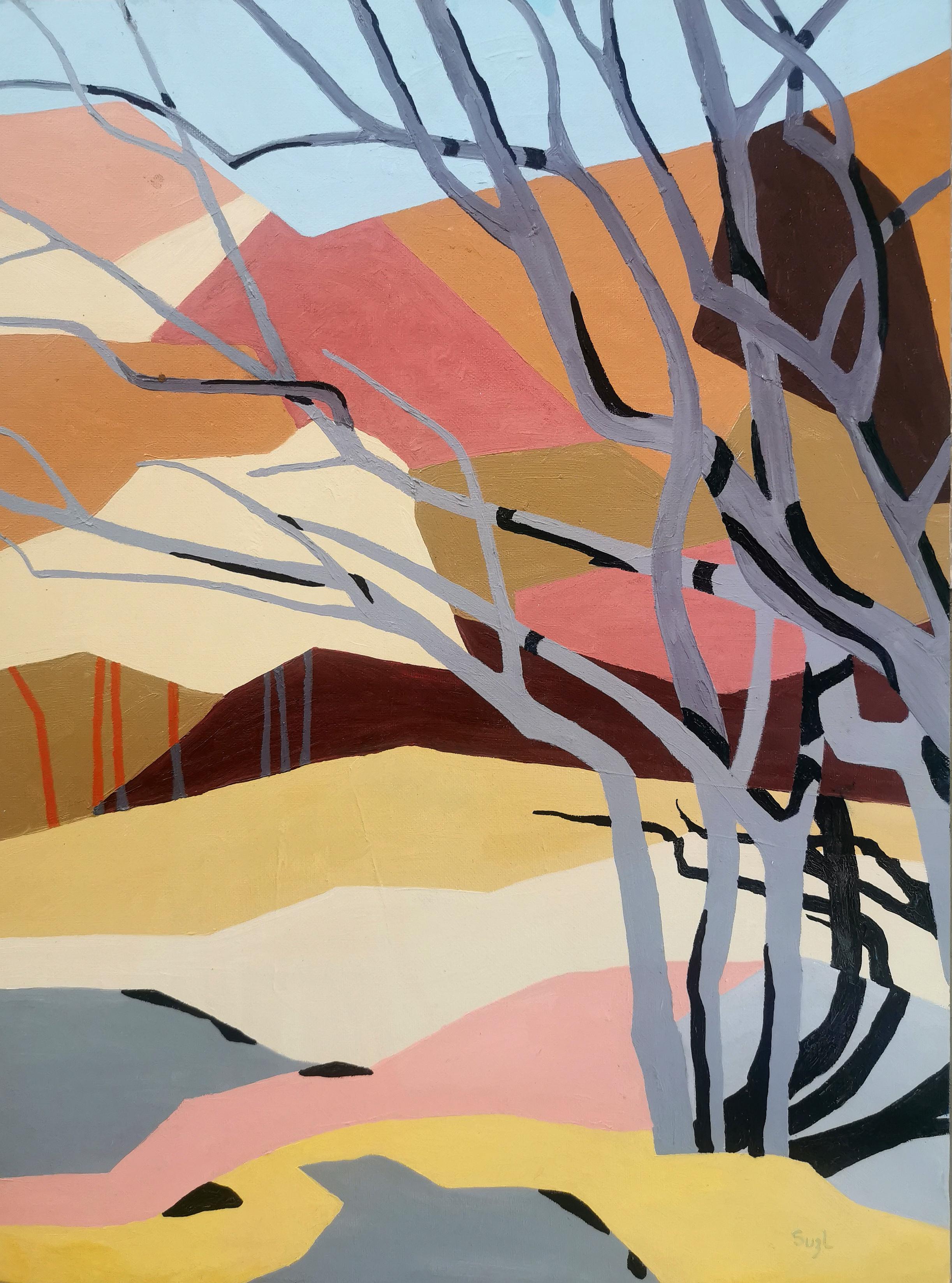 Peinture à l'huile sur toile - paysage abstrait "After the Fire : Grey Trees" (Après le feu : arbres gris)
