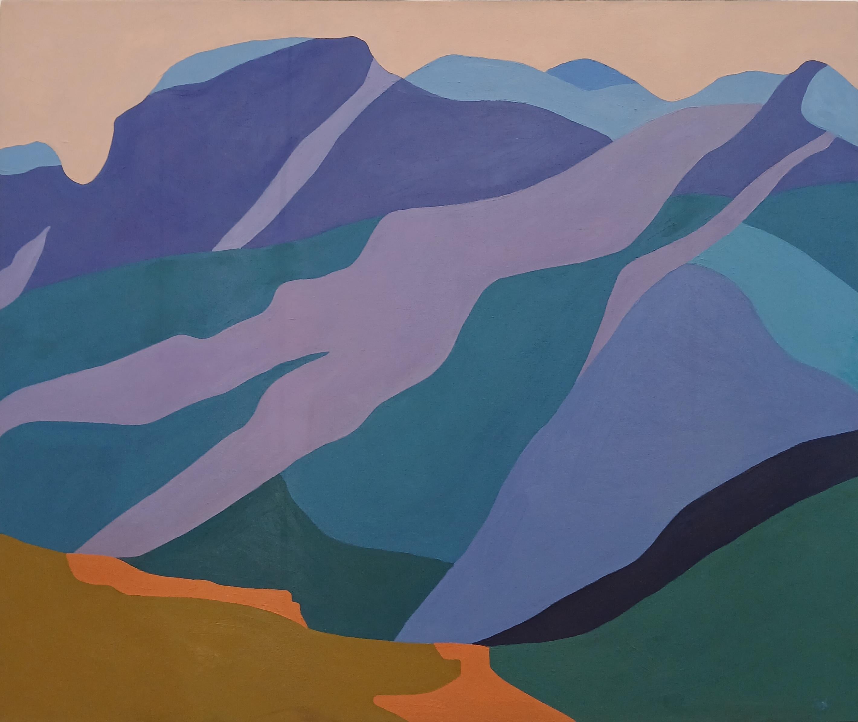 Peinture à l'huile abstraite et minimaliste représentant un paysage violet : « Power of the Mountain III »