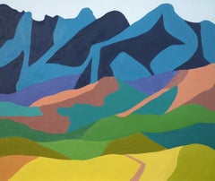 Blue Green Abstract Minimalist Landscape Oil Painting "Power of the Mountain I"