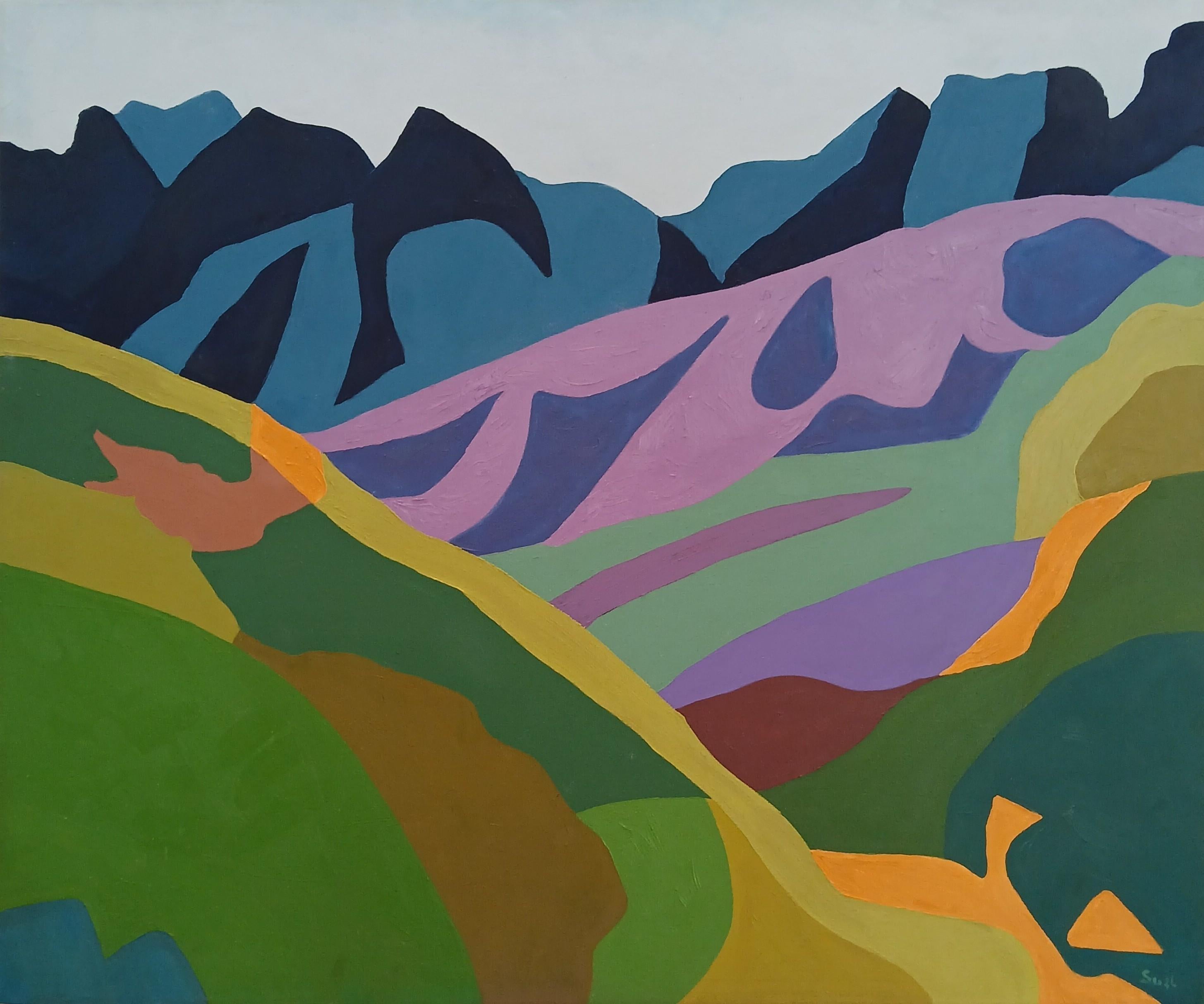 Green Blue Abstract Minimalist Landscape Oil Painting "Power of the Mountain IV"