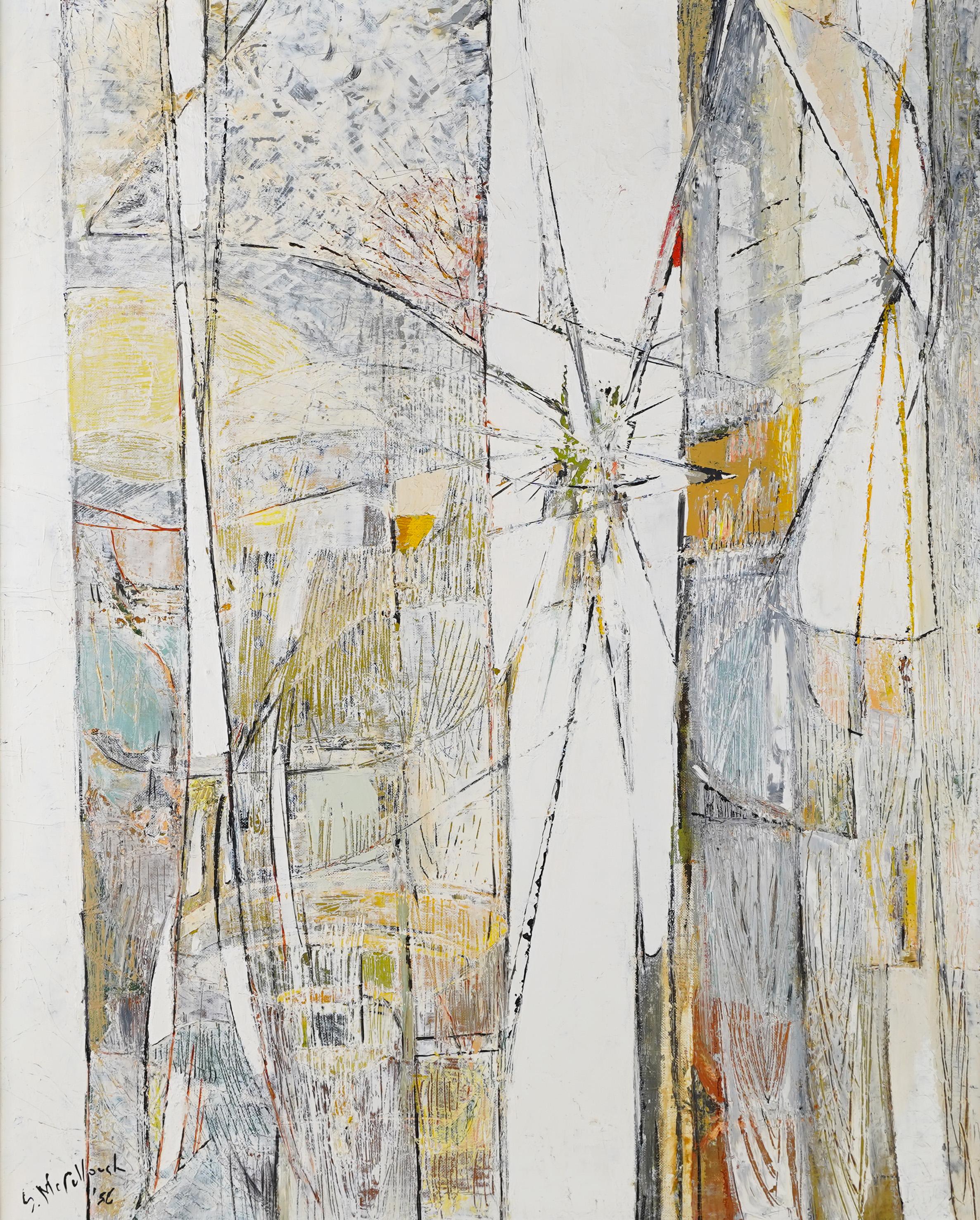 Peinture à l'huile ancienne encadrée, expressionniste abstraite moderne du milieu du siècle dernier, signée  - Gris Landscape Painting par Suzanne McCullough