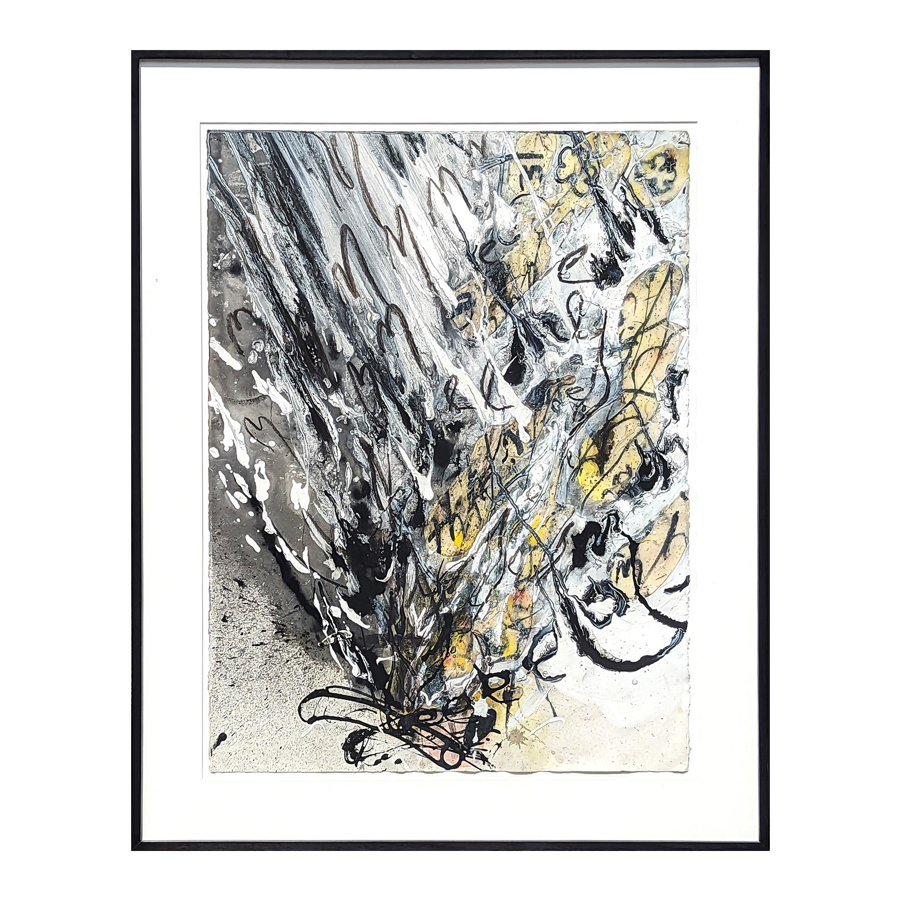 Contemporary abstract expressionist mixed media painting by Florida-born artist Suzanne McClelland. The work features an explosion of abstract and energetic mark making stemming from the lower central margin. The color palette of black, white, and