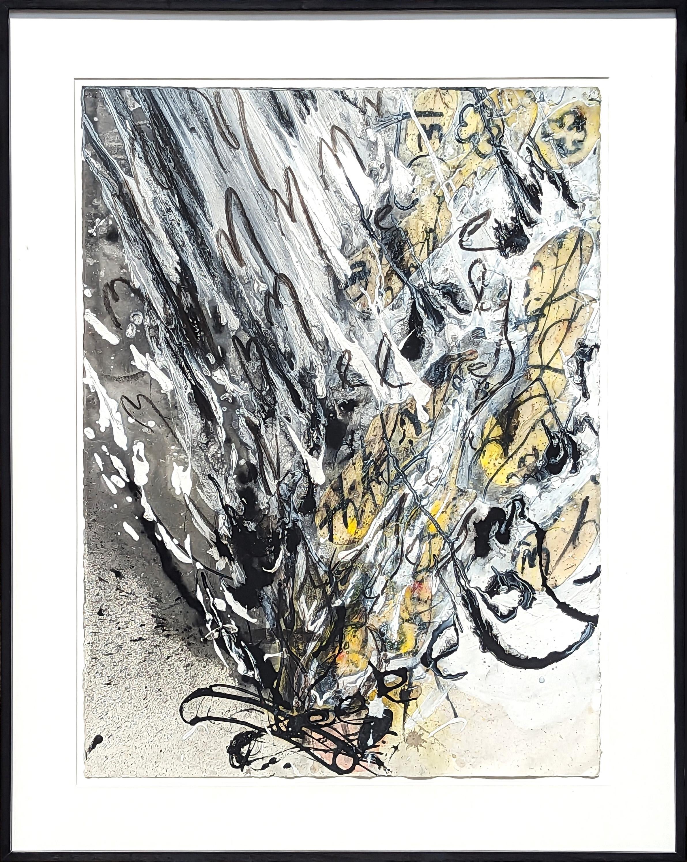 Suzanne McLelland Abstract Painting - "Them" Contemporary Black, White, and Yellow Abstract Expressionist Painting