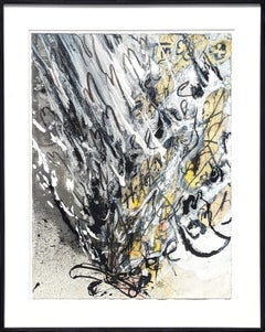 "Ellos" Pintura expresionista abstracta contemporánea en blanco, negro y amarillo