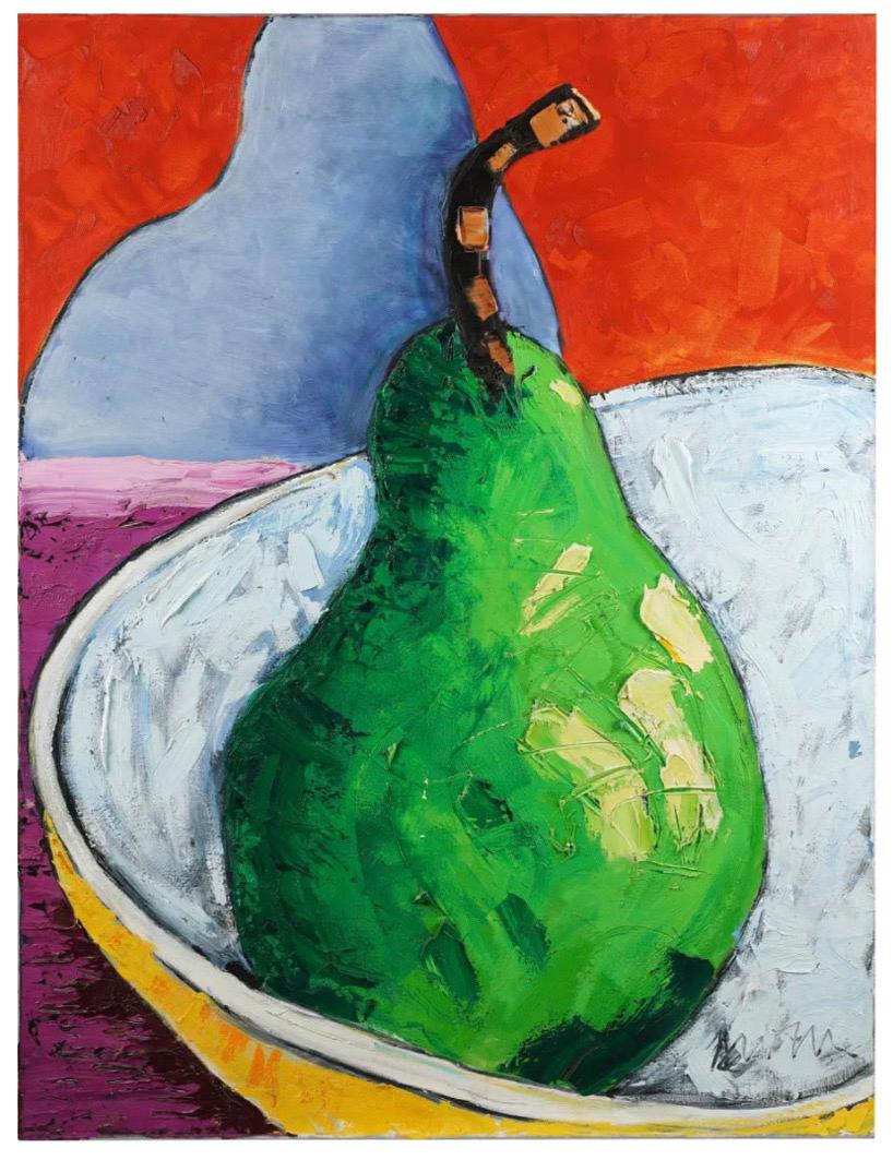 Grande peinture à l'huile pop art « Poire » Composition colorée moderniste Suzanne Mears en vente 1