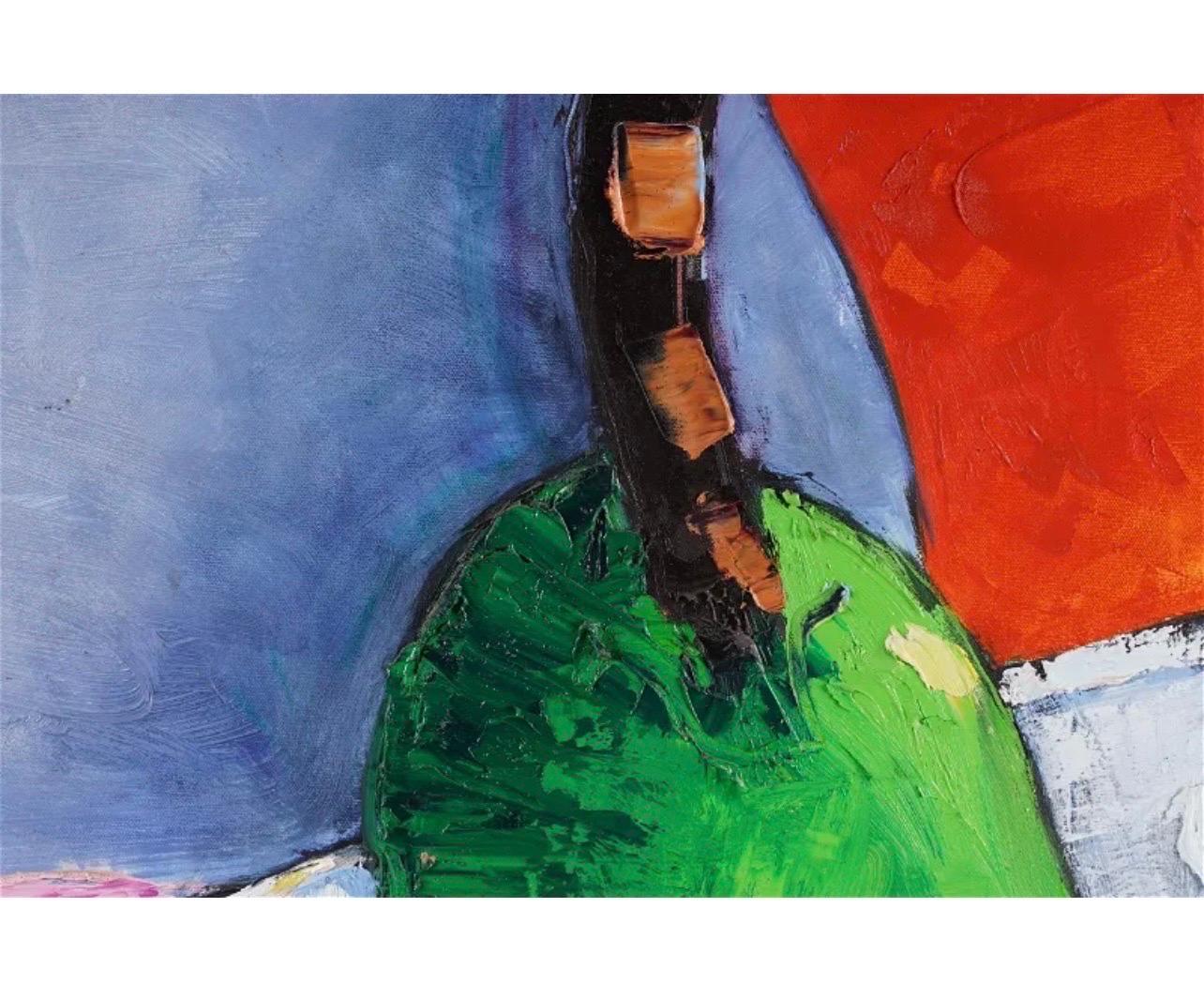 Bold, colorful, still life oil painting of a pear. In lush, vibrant color.

SUZANNE WALLACE MEARS
During college she focused on painting and clay. Then it became photography and clay, then only clay,
then kiln formed glass and today its kiln formed