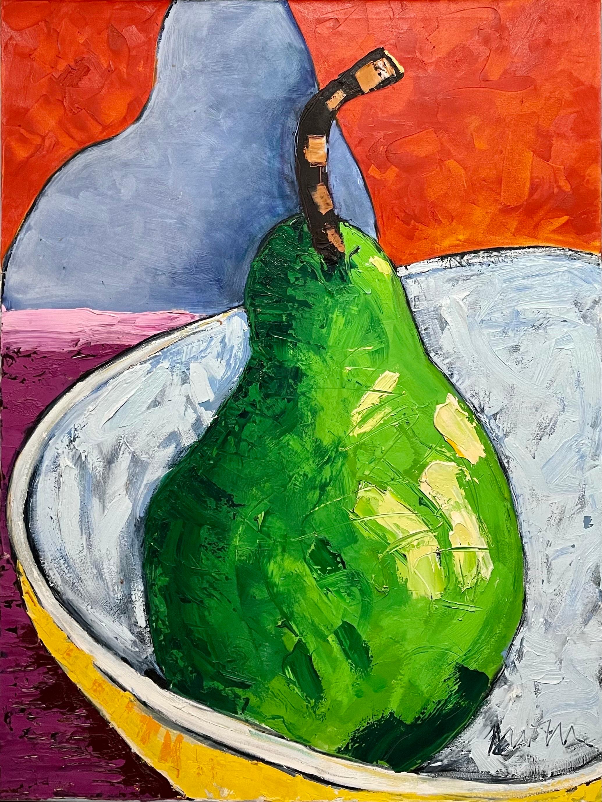 Grande peinture à l'huile pop art « Poire » Composition colorée moderniste Suzanne Mears