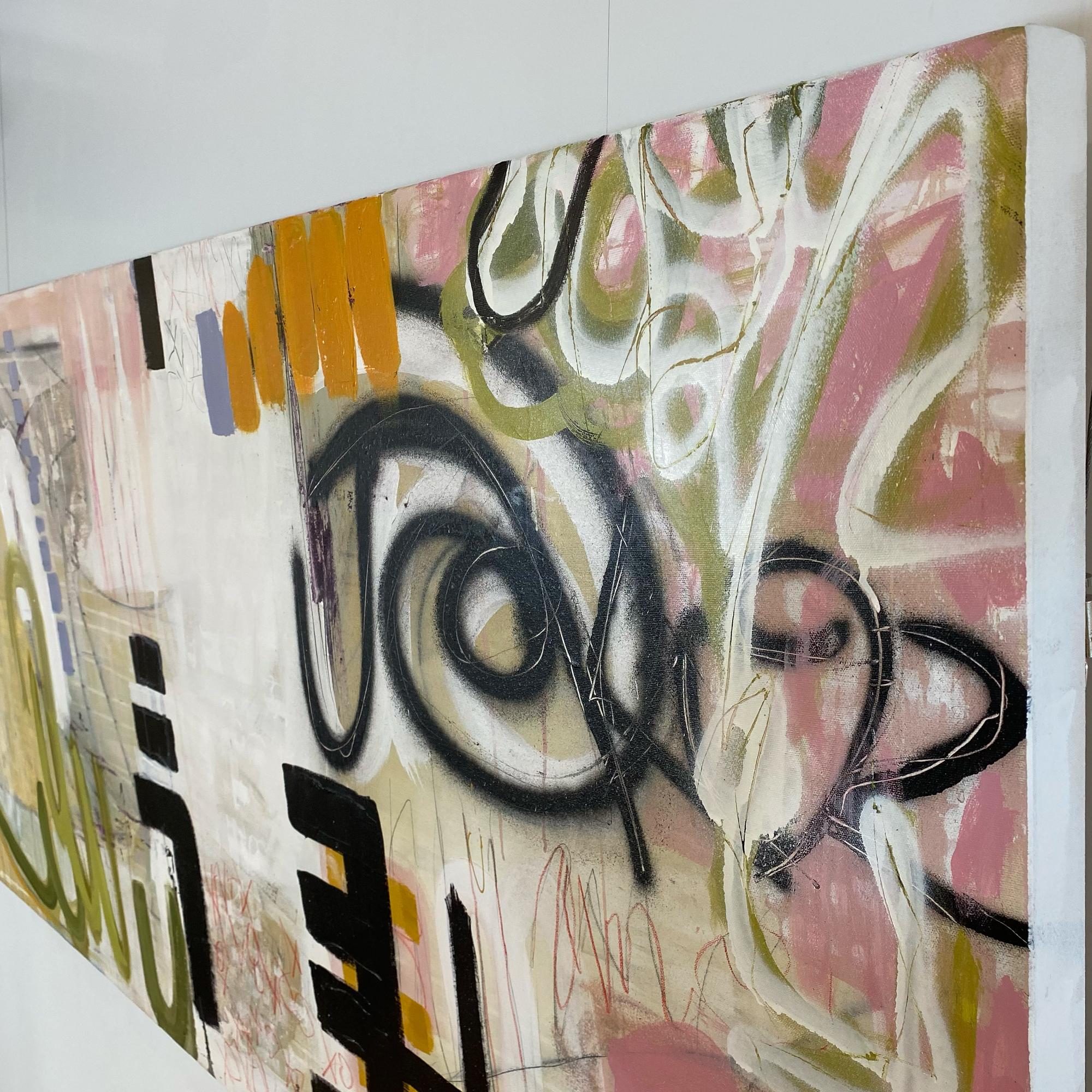 Creating Tension, abstraktes Gemälde in Mischtechnik auf Leinwand, weiches Rosa, Beige  – Painting von Suzanne Metz