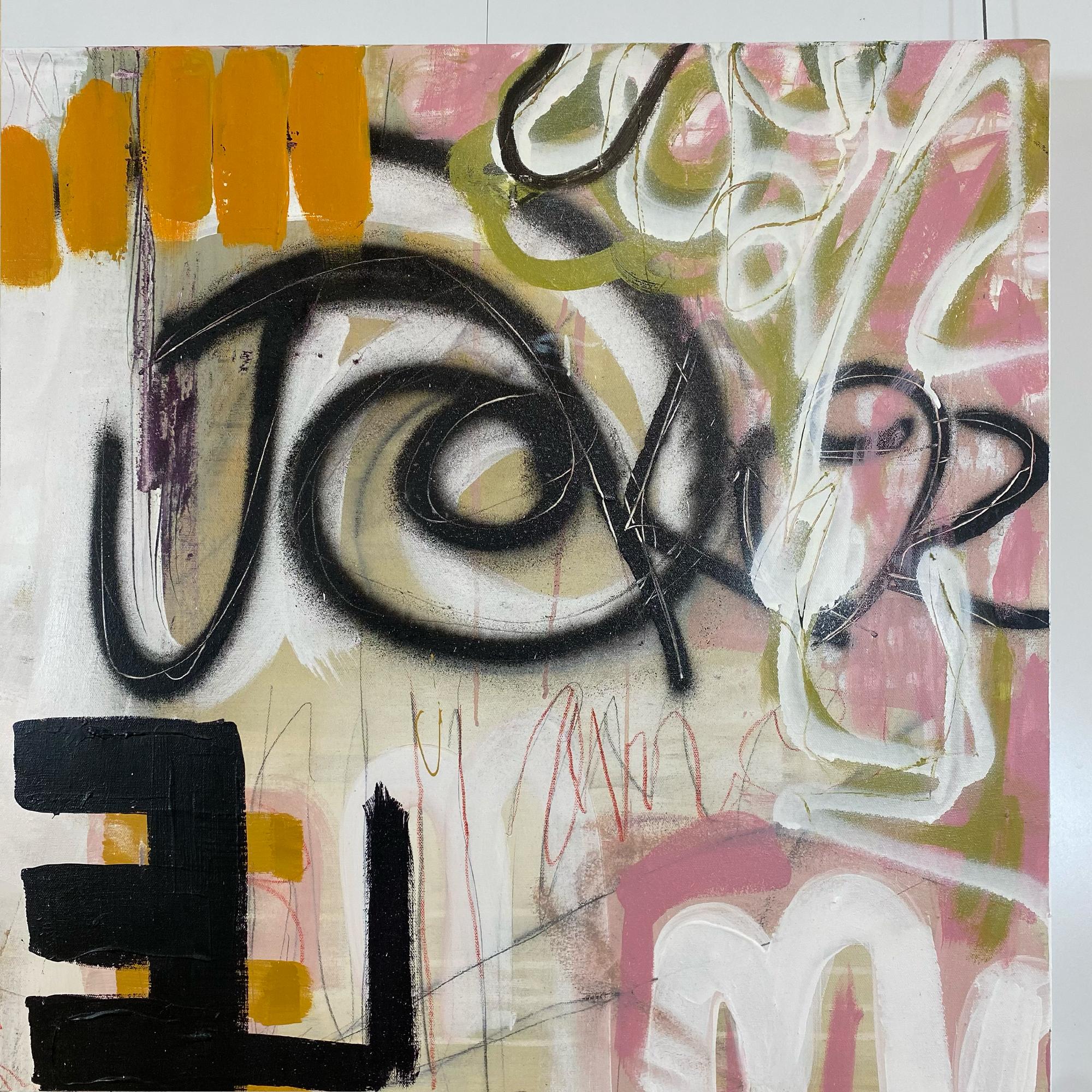 Creating Tension, abstraktes Gemälde in Mischtechnik auf Leinwand, weiches Rosa, Beige  (Abstrakt), Painting, von Suzanne Metz